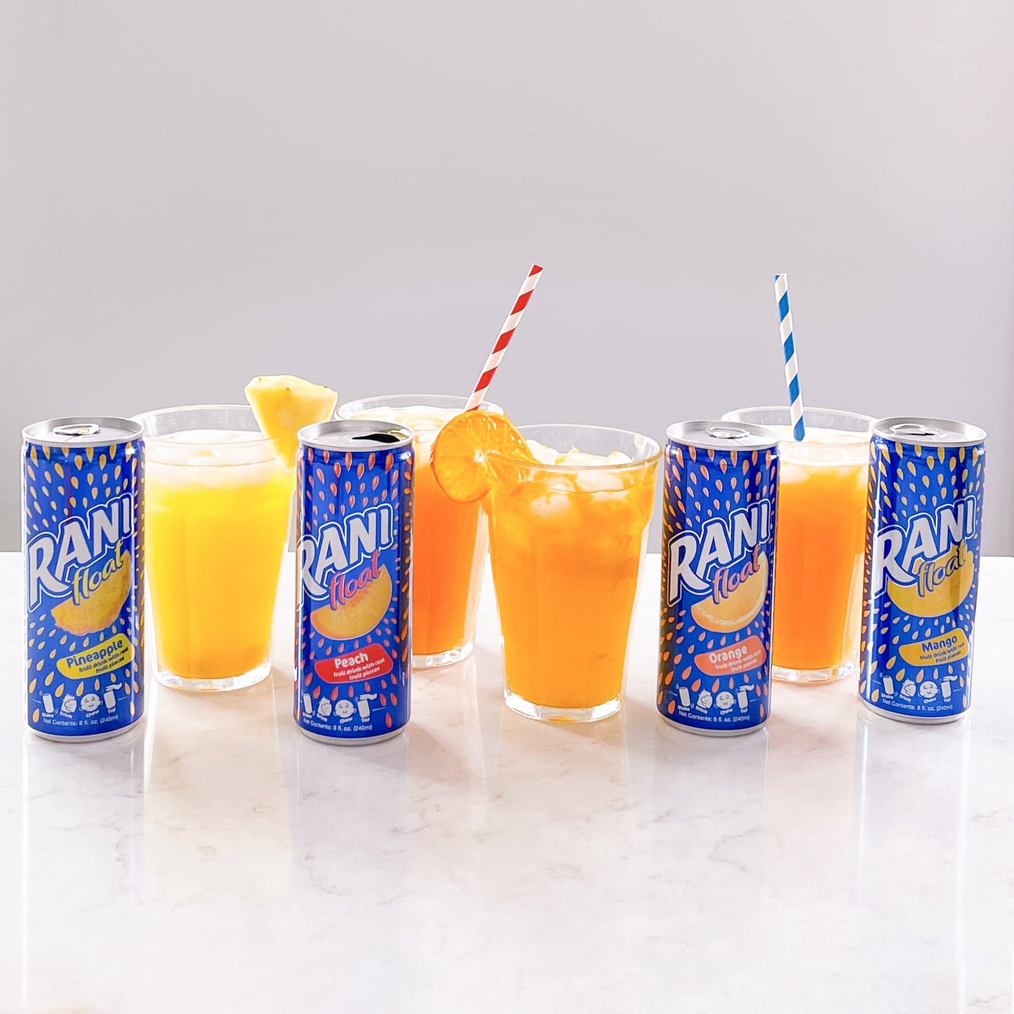 Rani Float Fruit Juice Drink Variety Pack Mango Orange Peach Pineapple Imported from Dubai Made with Real Fruit Pieces Low Sugar 8 oz Pack of 24
