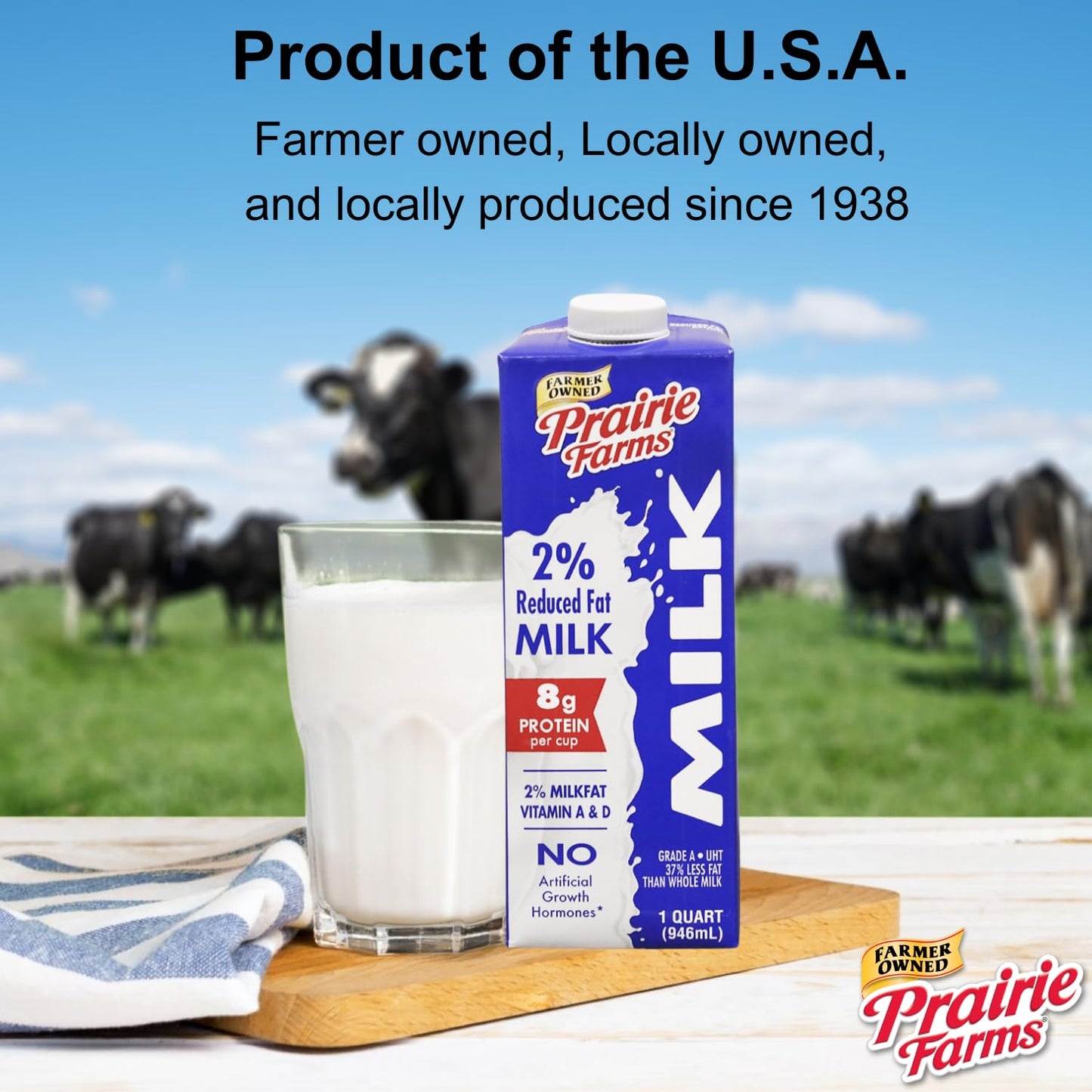 Prairie Farms Shelf Stable Milk 2 Percent Reduced Fat Boxed UHT Ultra Pasteurized Milk Vitamin D White Milk Preservative and Hormone Free Gluten Free Kosher Made in USA 1 Quart 4 Pack