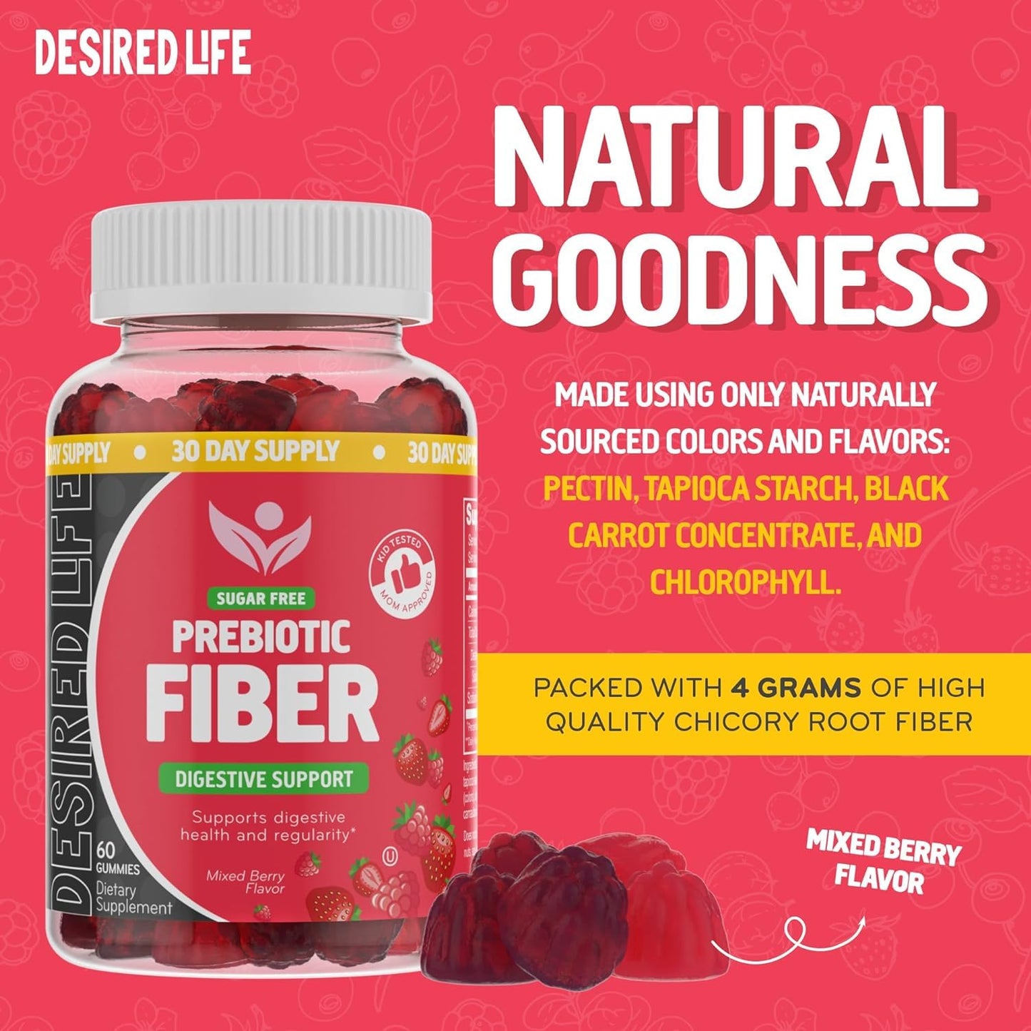 Desired Life Prebiotic Fiber Gummies for Adults and Kids - 4g Sugar Free Natural Berry Flavored Gummies - Supports Digestive Health and Metabolism. (60 Count/Pack of 2)