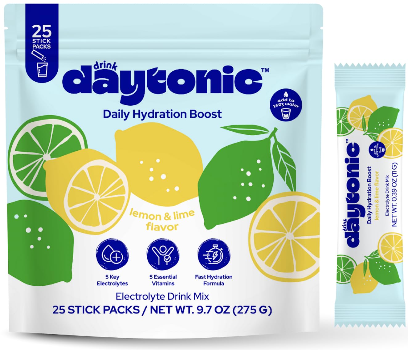DRINK DAYTONIC Hydration Powder Electrolytes, 25 Servings | Vitamins C, B12 & B6, Niacin, 480mg Sodium & More | Low Calorie & Aspartame-Free Electrolyte Drink Mix | Lemon Lime IV Hydration Packets