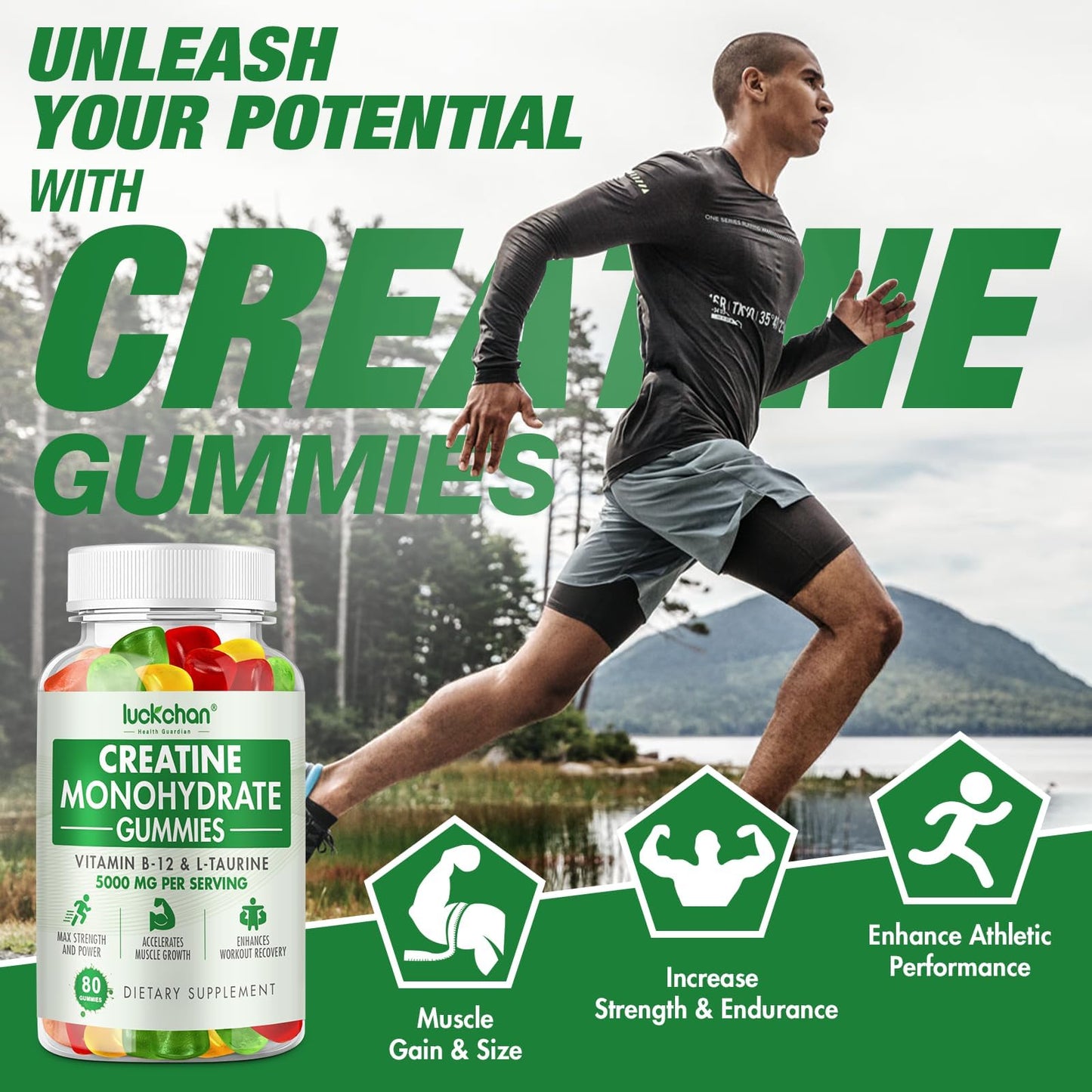 LUCKCHAN Creatine Monohydrate Gummies 5000mg for Men & Women (2 Pack) - Chewables Creatine Monohydrate for Muscle Strength, Muscle Builder, Energy Boost, 160 Count Pre-Workout Supplement
