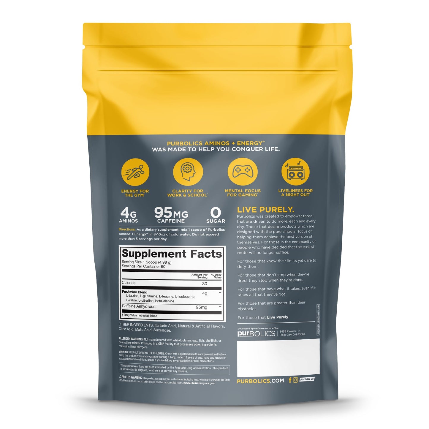 Purbolics Aminos + Energy | Supports Recovery, Energy & Focus | 95mg of Caffeine, 0 Sugar & 60 Servings (Sour Rainbow Candy)