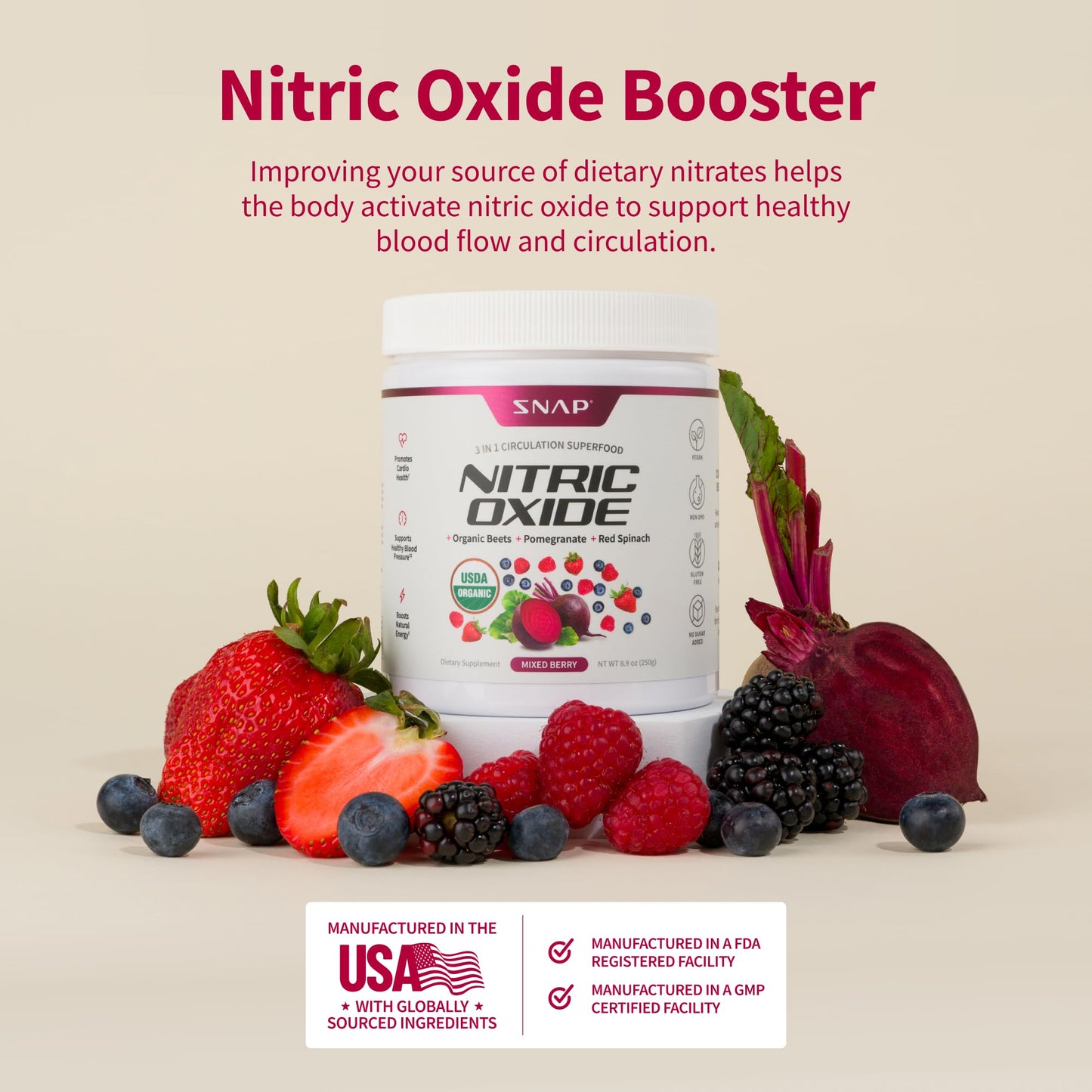 Snap Supplements USDA Organic Beet Root Powder, 3-in-1 Nitric Oxide Supplement, Support Healthy Blood Pressure and Blood Circulation, 250g (Mixed Berry)