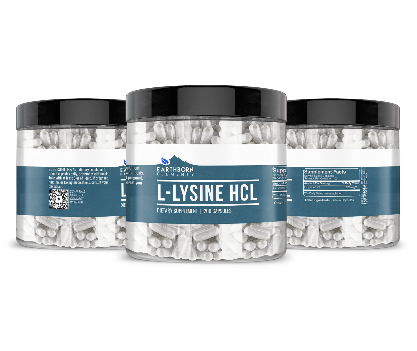 Earthborn Elements L-Lysine HCL 200 Capsules, Pure & Undiluted, No Additives