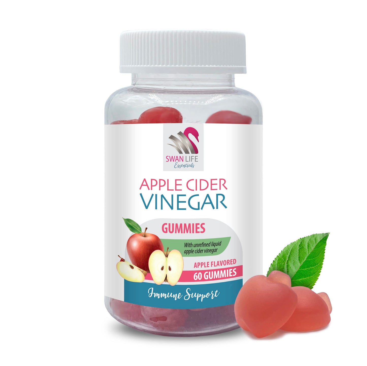 Natural Digestive Support - APPLE CIDER VINEGAR GUMMIES - healthy skin supplemen - energy booster, apple cider vinegar gummies with the mother, detox, vegan, gluten-free, non-GMO, 1 Bot, 60 Gummies