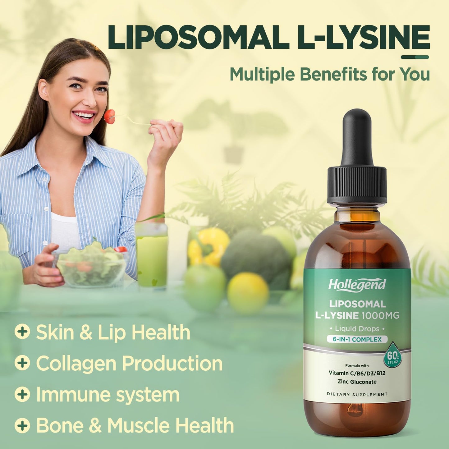 Liposomal L-lysine 1000MG Liquid Drops, Lysine Supplement for Women & Kids with Vitamin C, B6, D3, B12 &Zinc Gluconate, Skin & Lip Health, Immune & Collagen Production Support, Lemon Flavor, 2 fl oz
