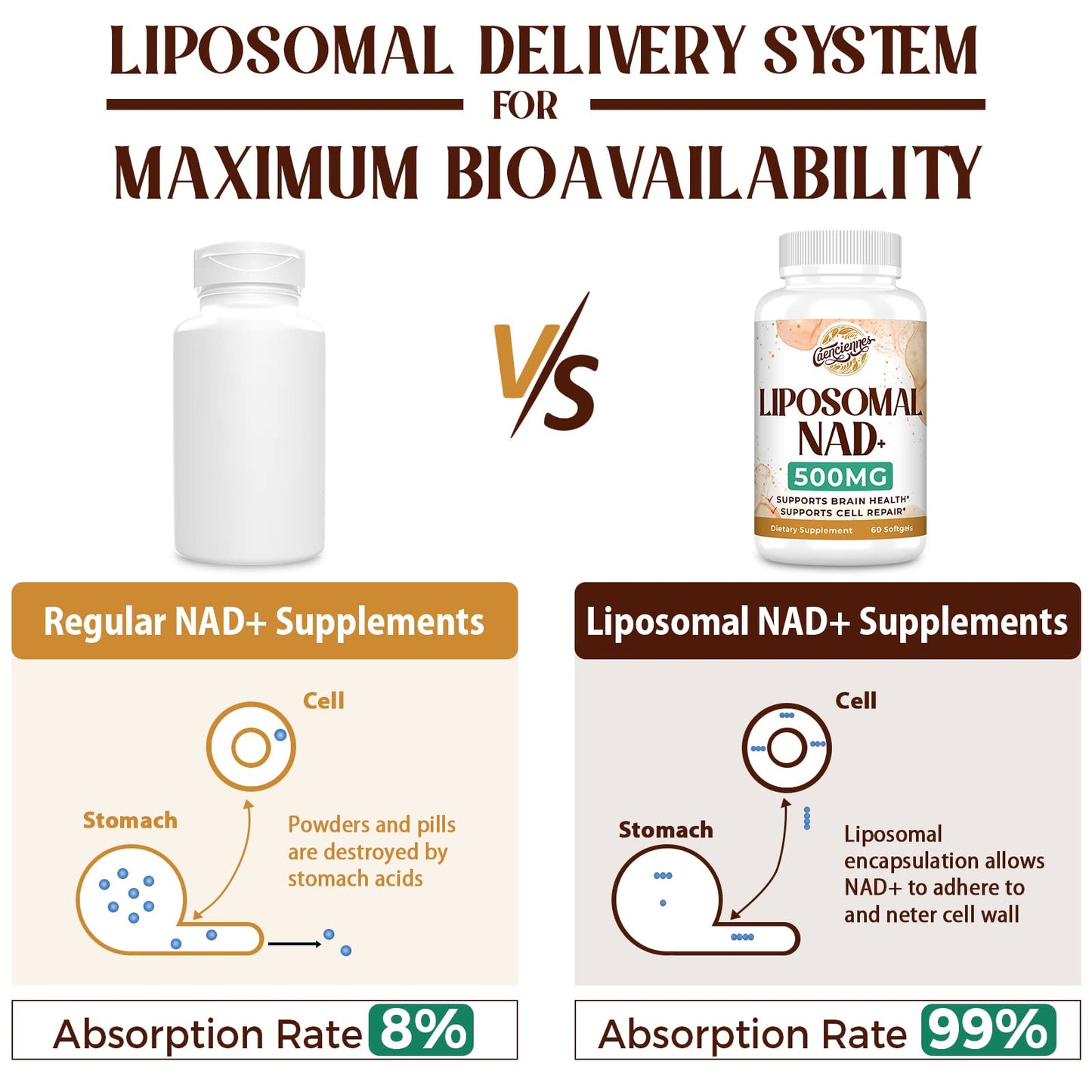 Liposomal NAD+ 500 MG Supplement, True NAD Plus Supplement, Superior Absorption, Boost NAD+ More Efficient Than Nicotinamide Riboside for Cellular Energy, Healthy Aging, 120 Serving