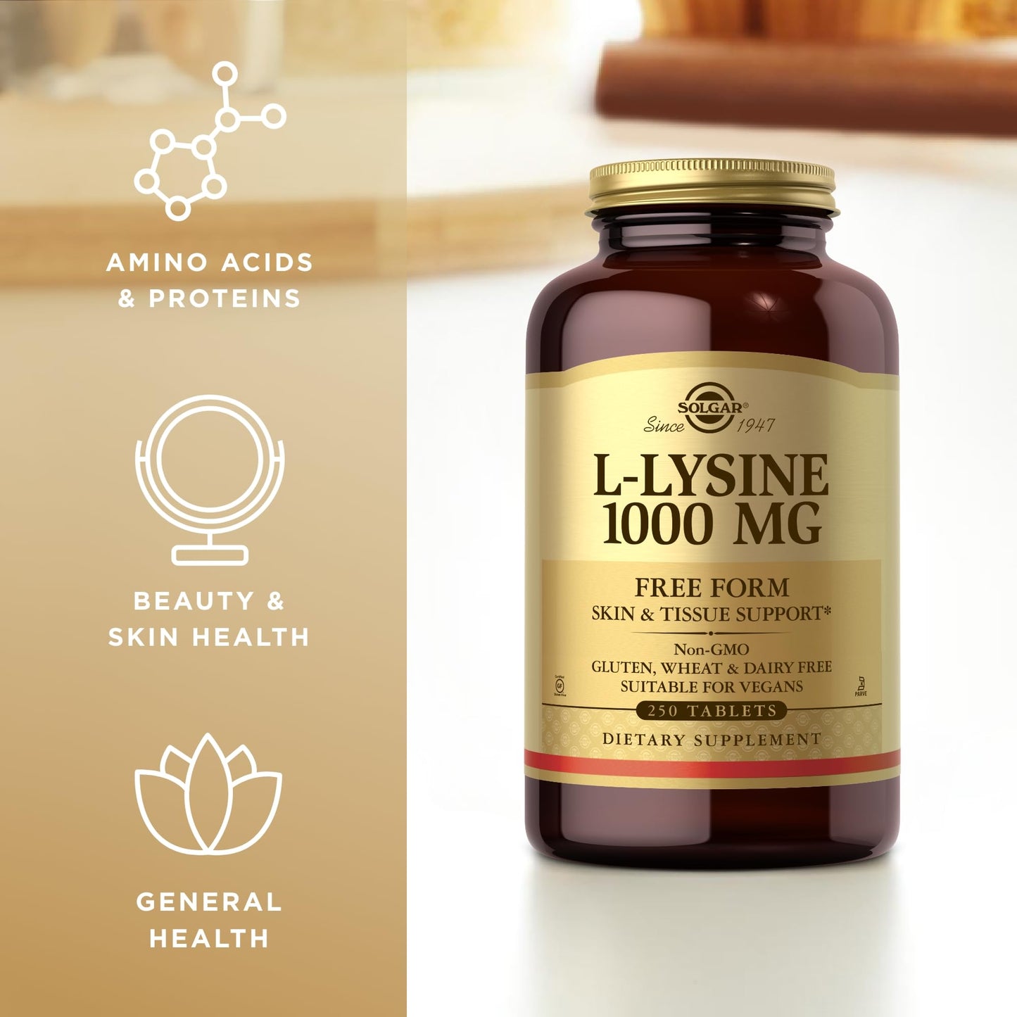 SOLGAR L-Lysine 1000 mg - 250 Tablets - Skin & Tissue Support - Non-GMO, Vegan, Kosher, Gluten Free - 250 Servings