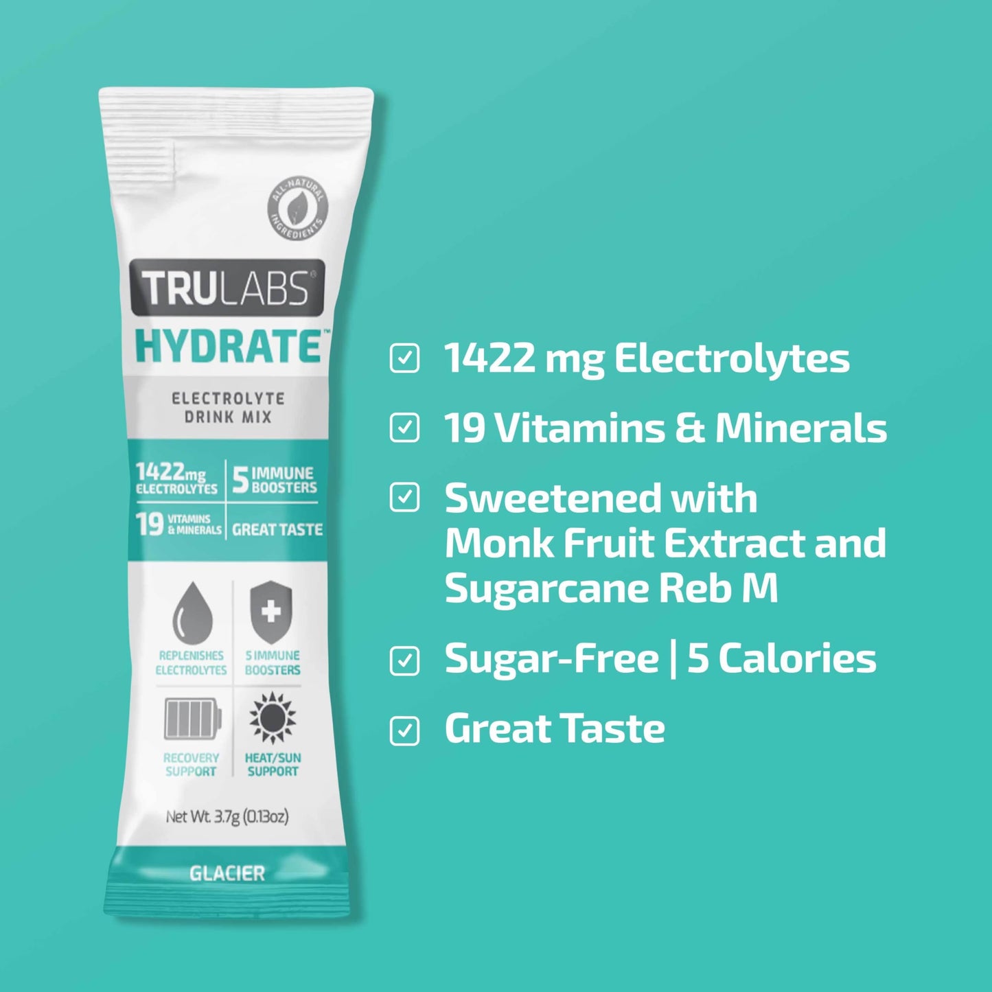 TRULABS Hydrate Glacier 6ct. Sugar Free Electrolytes Hydration Packets. Each Serving Contains 1422 mg of Electrolytes &19 Vitamins & Minerals.