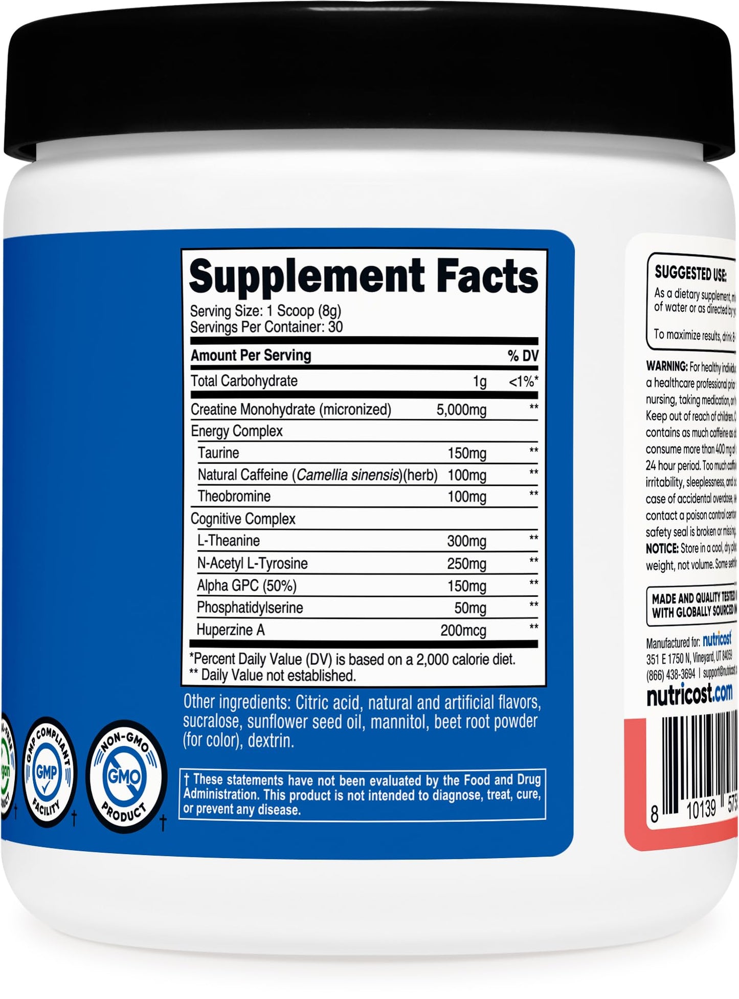 Nutricost Creatine + Energy 30 Servings (Watermelon Flavored) - 5,000mg Creatine Monohydrate + 350mg Energy Complex Per Serving