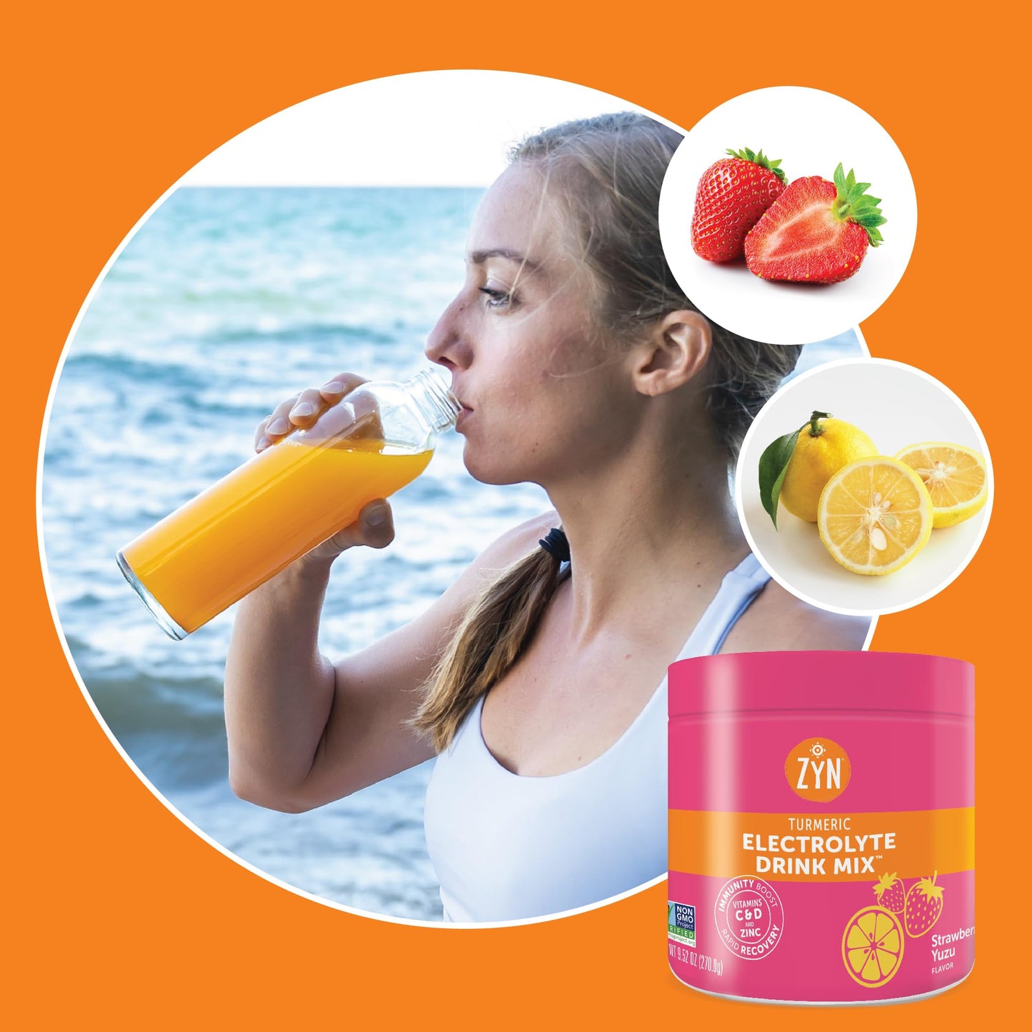 ZYN Electrolyte Hydration Drink Mix (30 Servings), Strawberry Yuzu Electrolytes Powder, Hydrating Formula w/Turmeric Curcumin, Vitamin C & D, Zinc, Electrolyte Support Drink Mix