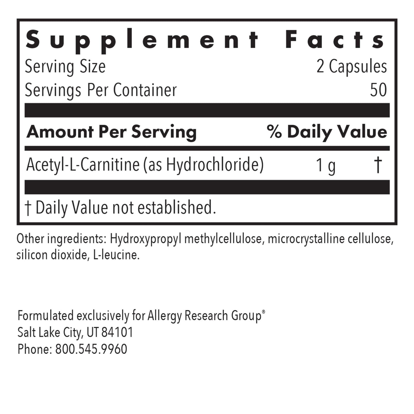 Allergy Research Group Acetyl-L-Carnitine 500mg Supplement - Metabolism and Energy Support, ALC, Free Form Amino Acid, Vegetarian Capsules - 100 Count