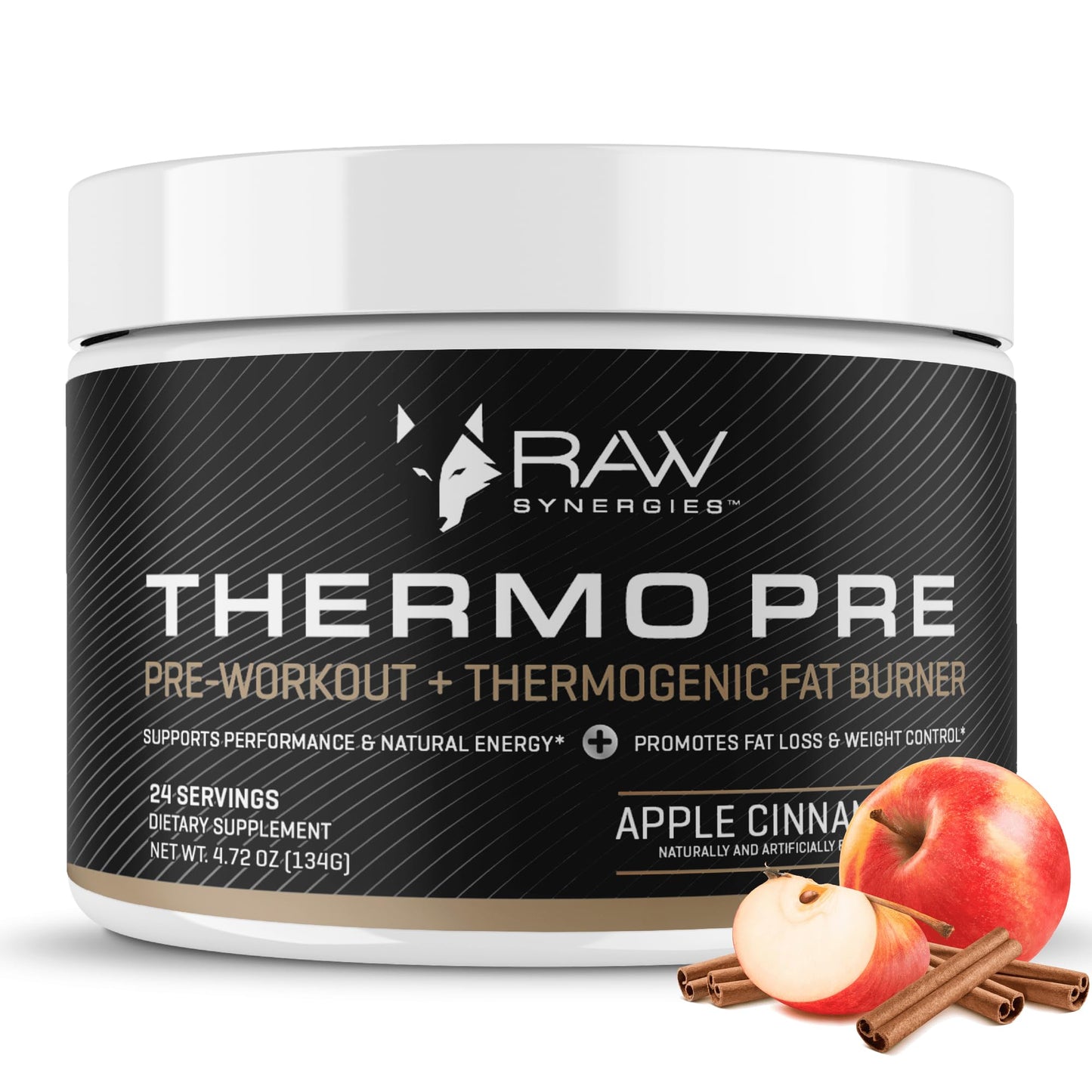 RAW Synergies Pre Workout Thermogenic Fat Burner Powder for Women and Men, Energy & Weight Loss Supplement - Focus & Metabolism Booster Drink - No Artificial Sweeteners, Apple Cinnamon, 24SV