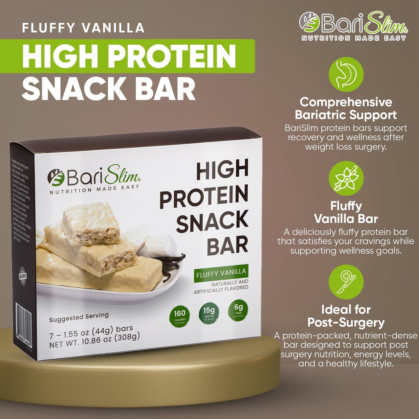 BariSlim High Protein Snack Bar for Bariatric Patients - Nutrient Rich Snack for Post-Surgery Wellness - Ideal for Weight Loss Maintenance & Daily Nutrition | Fluffy Vanilla Bar (13 oz)