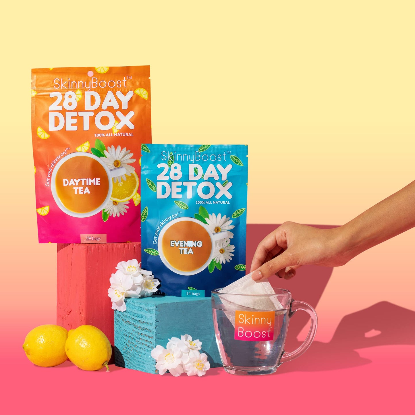 Skinny Boost Tea Kit-2 Pack-2 Plus Free Fruit Slice Tumbler- 2 Daytime Teas (28 Bags/Pouch) 2 Evening Detox Teas (14 Bags/Pouch) Non GMO, Vegan, All Natural Detox and Cleanse