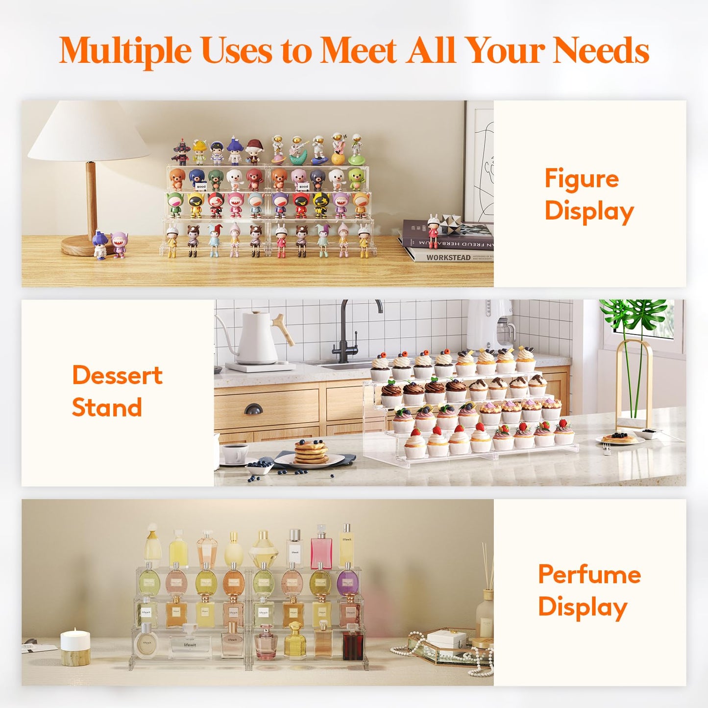 Lifewit 4 Tier Clear Display Risers Stand, 12 Inch Plastic Risers for Display, Plastic Organizers for Figures, Cupcake, Perfume, Dessert, Desktop Display Stand for Organize and Decoration, 1pack