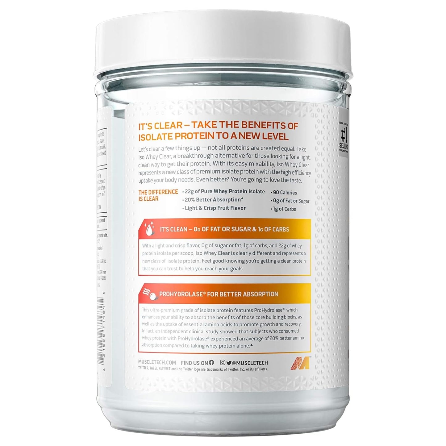 Whey Protein Powder MuscleTech Clear Whey Protein Isolate Whey Isolate Protein Powder for Women & Men Clear Protein Drink 22g of Protein, 90 Calories Orange Dreamsicle, 1.1lb (19 Servings)