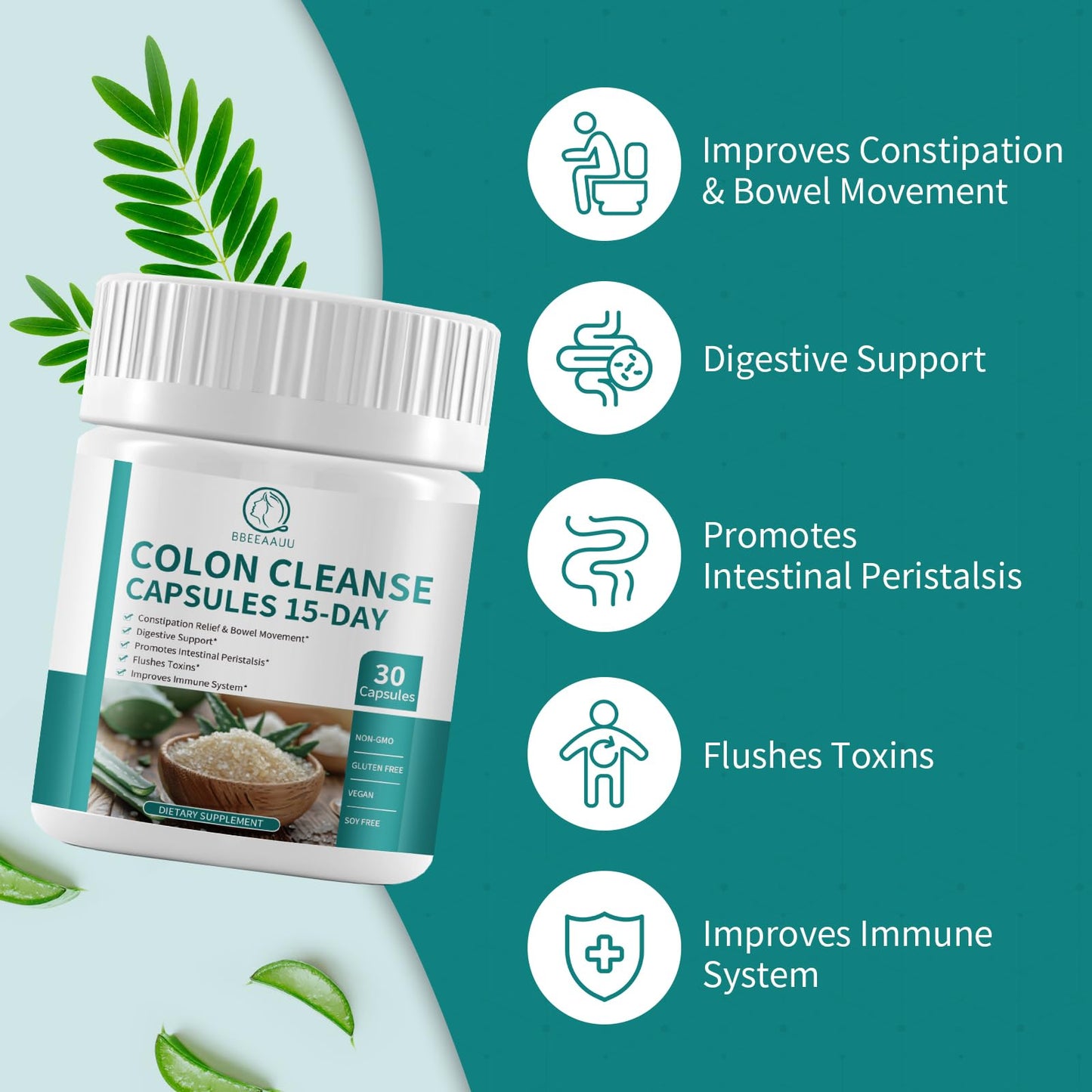 BBEEAAUU Colon Cleanse Detox Capsules, 15 Day Gut Health Supplemetns, Gut Health for Women Men, Support Digestive & Intestinal, with Psyllium Husk Powder & Senna Leaf, Non GMO, Gluten Free