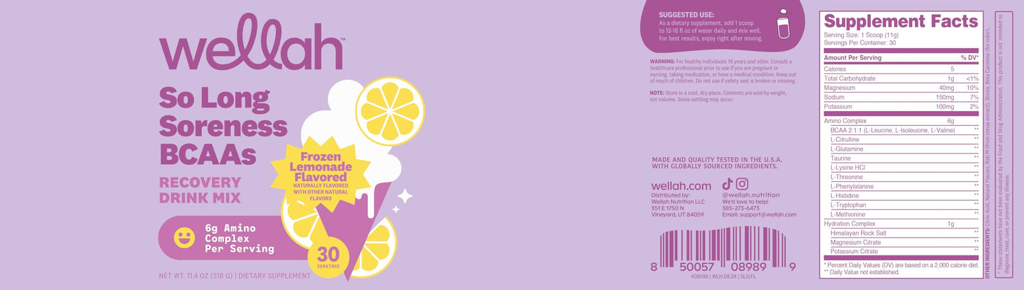 Wellah So Long Soreness BCAA Powder (Frozen Lemonade Flavored) 30 Servings - with Hydration Complex