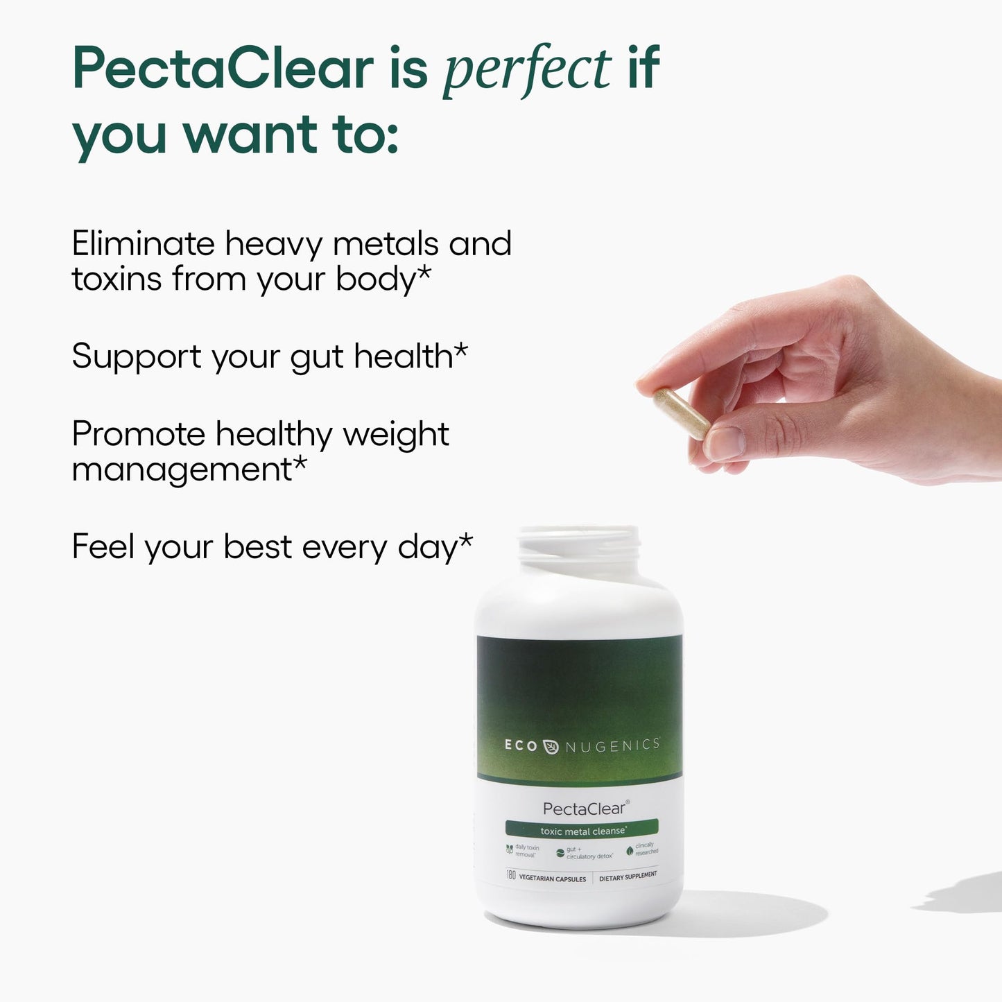 EcoNugenics PectaClear Detox Supplement for Toxic Metal Cleanse - Naturally & Safely Eliminates Toxins for Gut, Liver & Kidney Detox & Repair - Helps with Energy, Weight, Hormone Balance - 60 Capsules