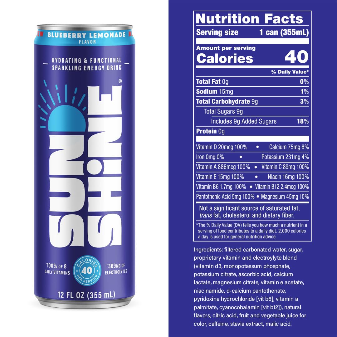 Sunshine Beverages Sparkling Energy Drink Blueberry Lemonade Caffeine Vitamin Water Coffee Alternative Healthy Energy Drinks Clean Energy Drink Bubbly Low Calorie Healthy Drinks 12 oz Pack of 12
