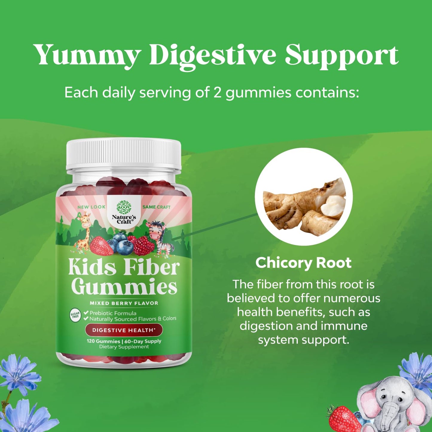High Prebiotic Fiber Gummies for Kids - Dietary Fiber Supplements for Digestion & Constipation - Chicory Root Kids Immune Gummies - Non-GMO & Vegan Digestive Nutritional Supplements - 120 Count