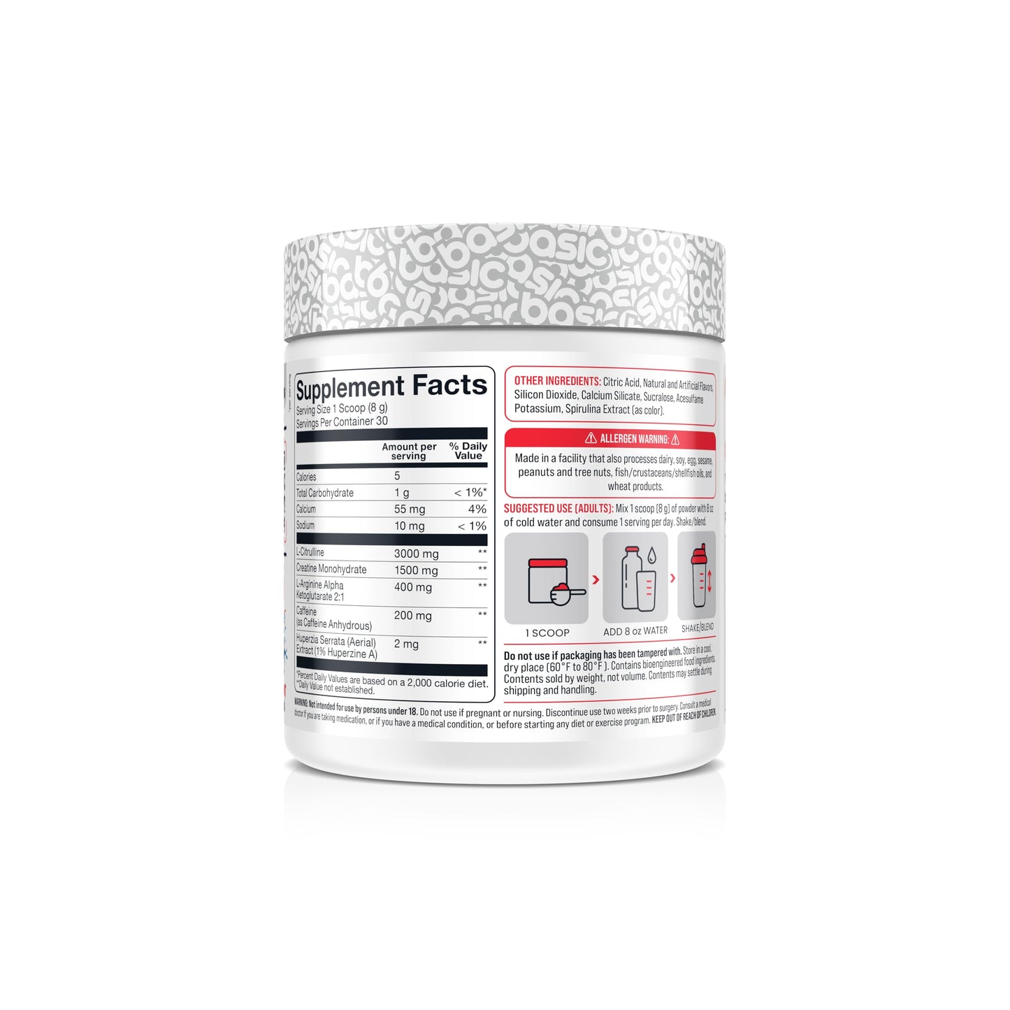 BASIC SUPPLEMENTS Pre-Workout with 200mg Caffeine and 3000mg Citrulline for Energy, Focus, and Strength Support, No Beta-Alanine Tingles, Vegan, Gluten-Free, Sugar-Free (30 Servings, Ice Pop)