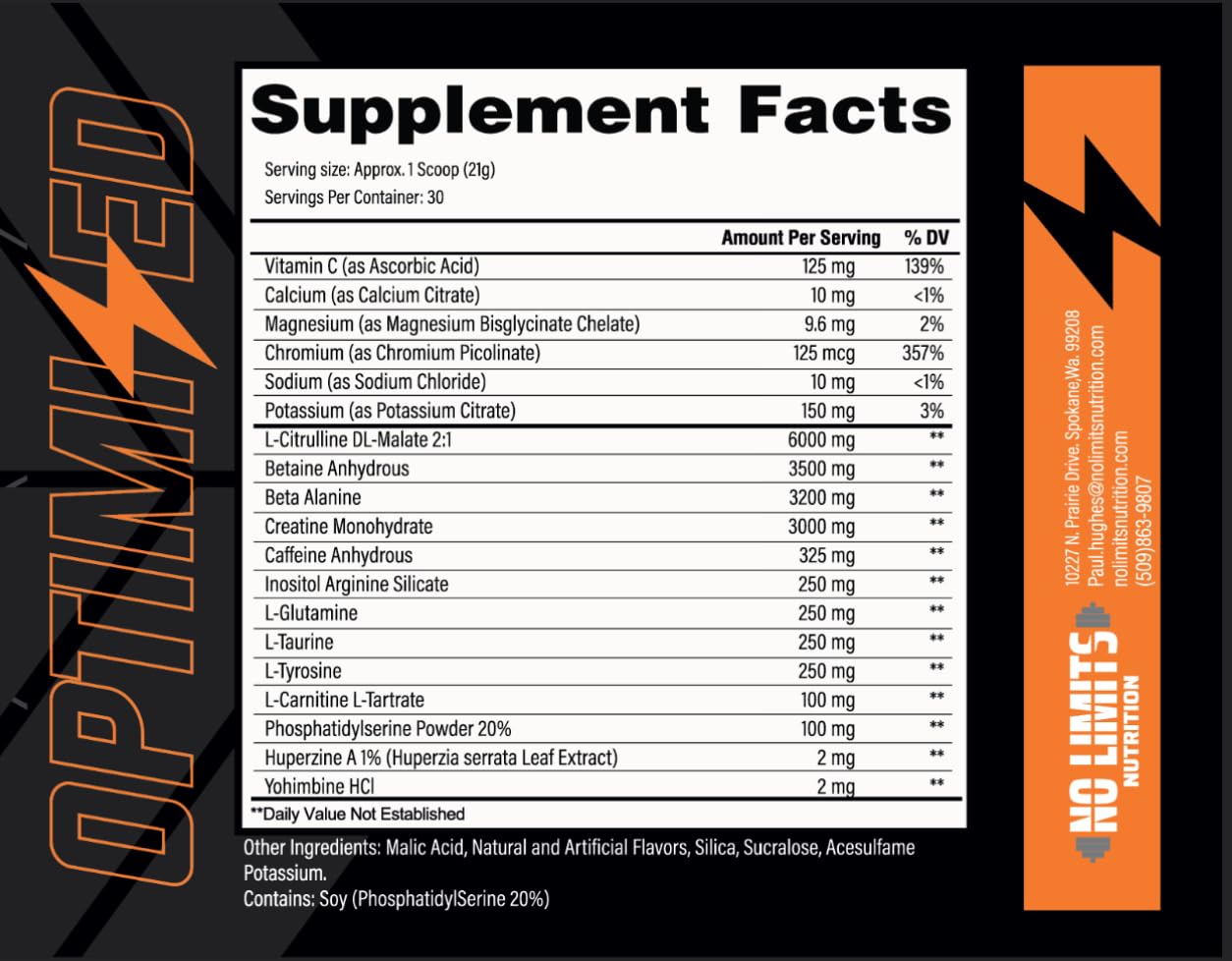 "Optimized" Blue Razz Pre-Workout Powder / Massive Pumps / Increase Muscle Mass, Strength & Focus / Beta Alanine + L-Citrulline + Betaine Anhydrous + Creatine + Caffeine Anhydrous / 30 Servings
