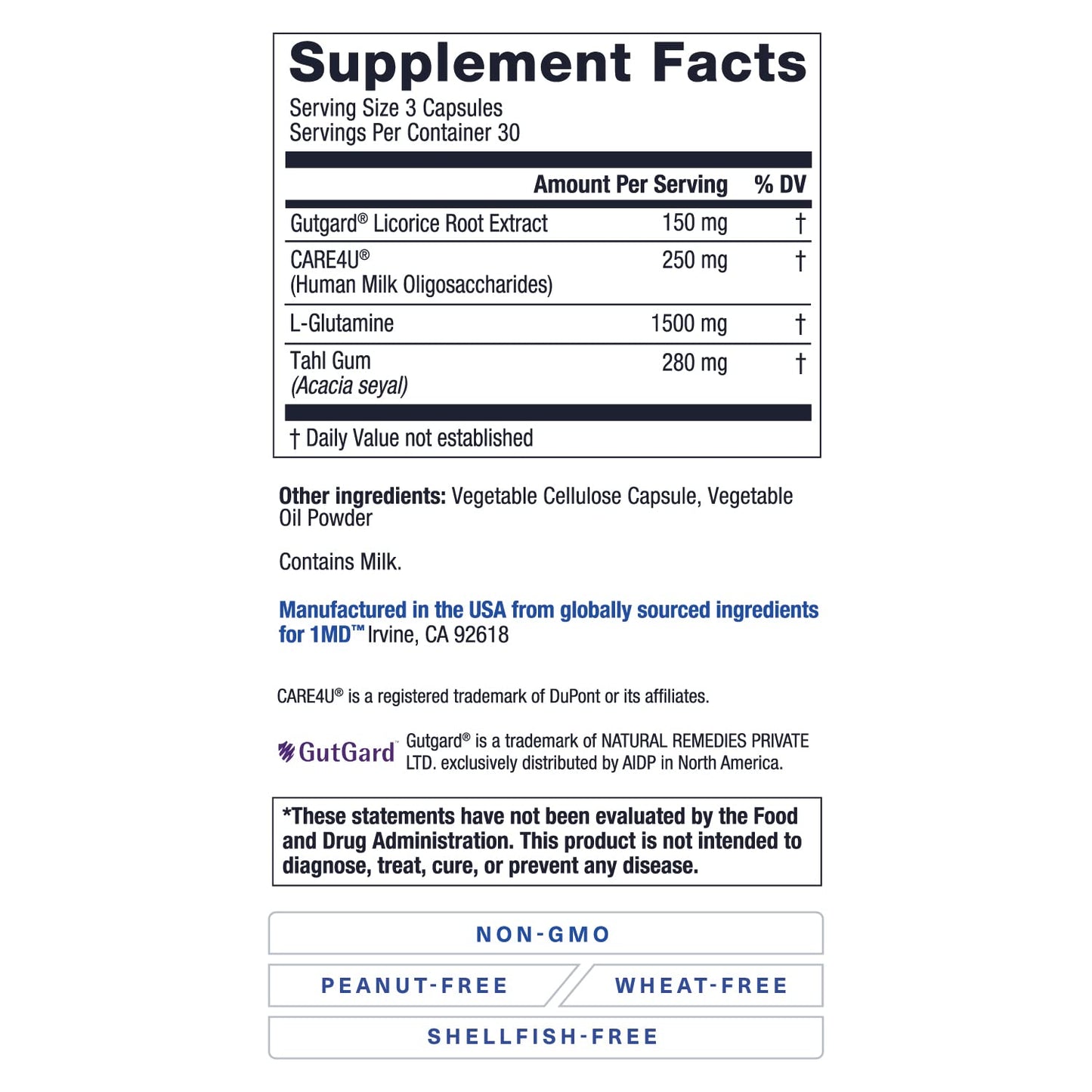 1MD Nutrition GutMD - L-Glutamine Capsules w/Prebiotic for Gut Health - L Glutamine Supplement - Supports Healthy Digestive Tract Integrity - 90 Capsules