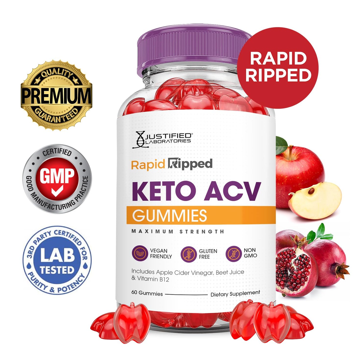 (2 Pack) Rapid Ripped Keto ACV Gummies Advanced Formula 1000MG Rapidripped Keto Gummies Apple Cider Vinegar Formulated with Pomegranate Beet Juice Powder B12 Vegan Non GMO 120 Gummys