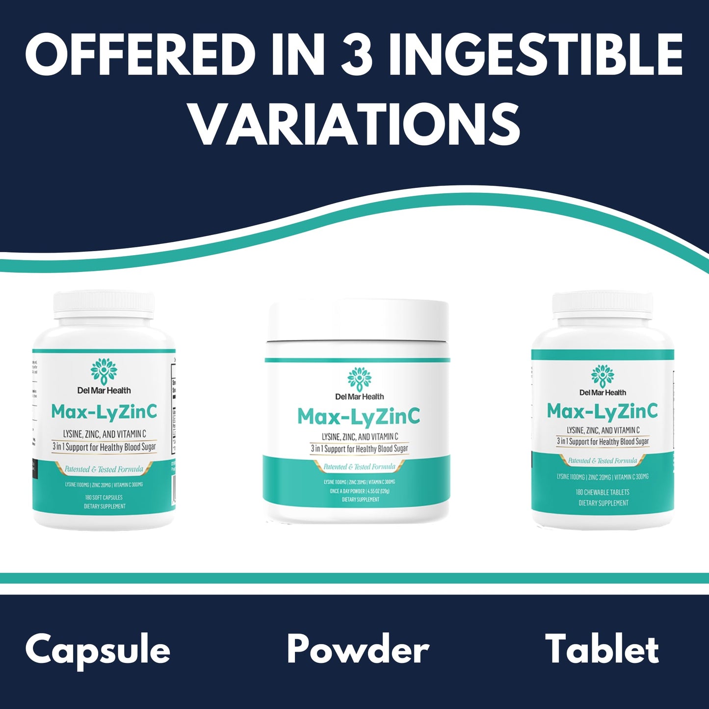 Del Mar Health Max-LyZinC | L-Lysine 1100 mg + Zinc 6 mg + Vitamin C 100 mg - 3-in-1 Supplement for Maintaining Blood Sugar Already in The Healthy Range - One-Scoop-Per Day Powder