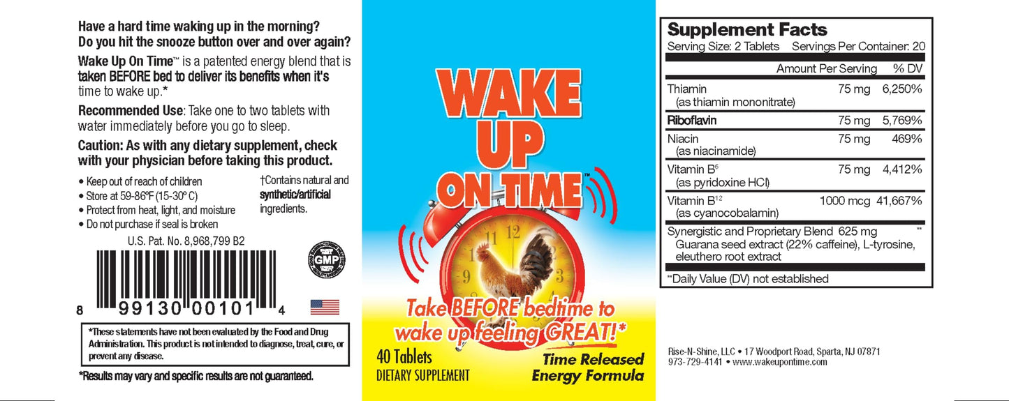 Rise-N-Shine Wake Up On Time Energy Supplement to Help Boost Your Mornings with Alertness & Focus for a Productive Day with Natural Caffeine & More - 40 Tablets