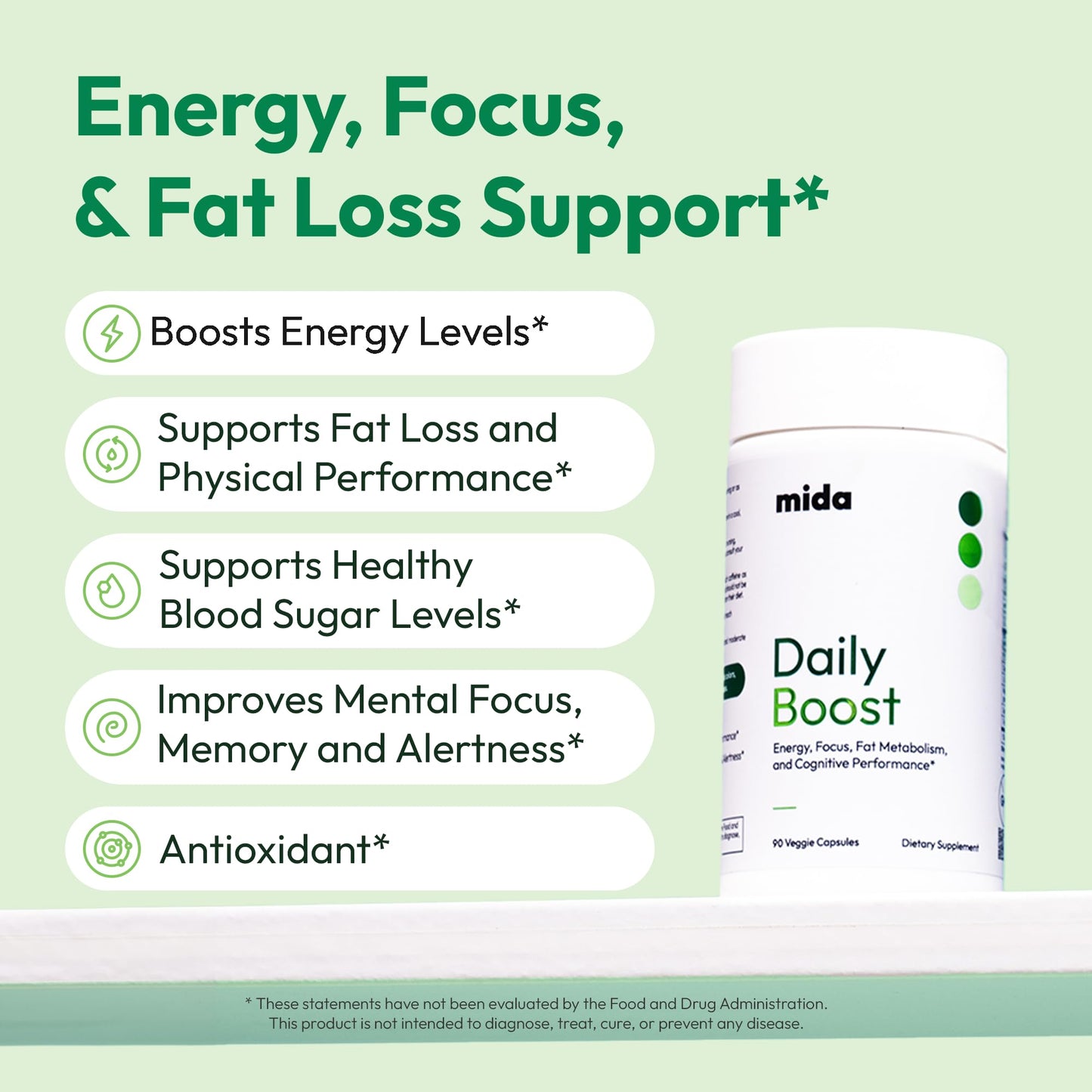 Mida Health Daily Boost | 3-in-1 Energy, Focus & Fat Loss Support | Natural Caffeine, Ginseng, Ginkgo Biloba, CoQ10, 5-MTHF, 7-Keto DHEA | 30 Servings