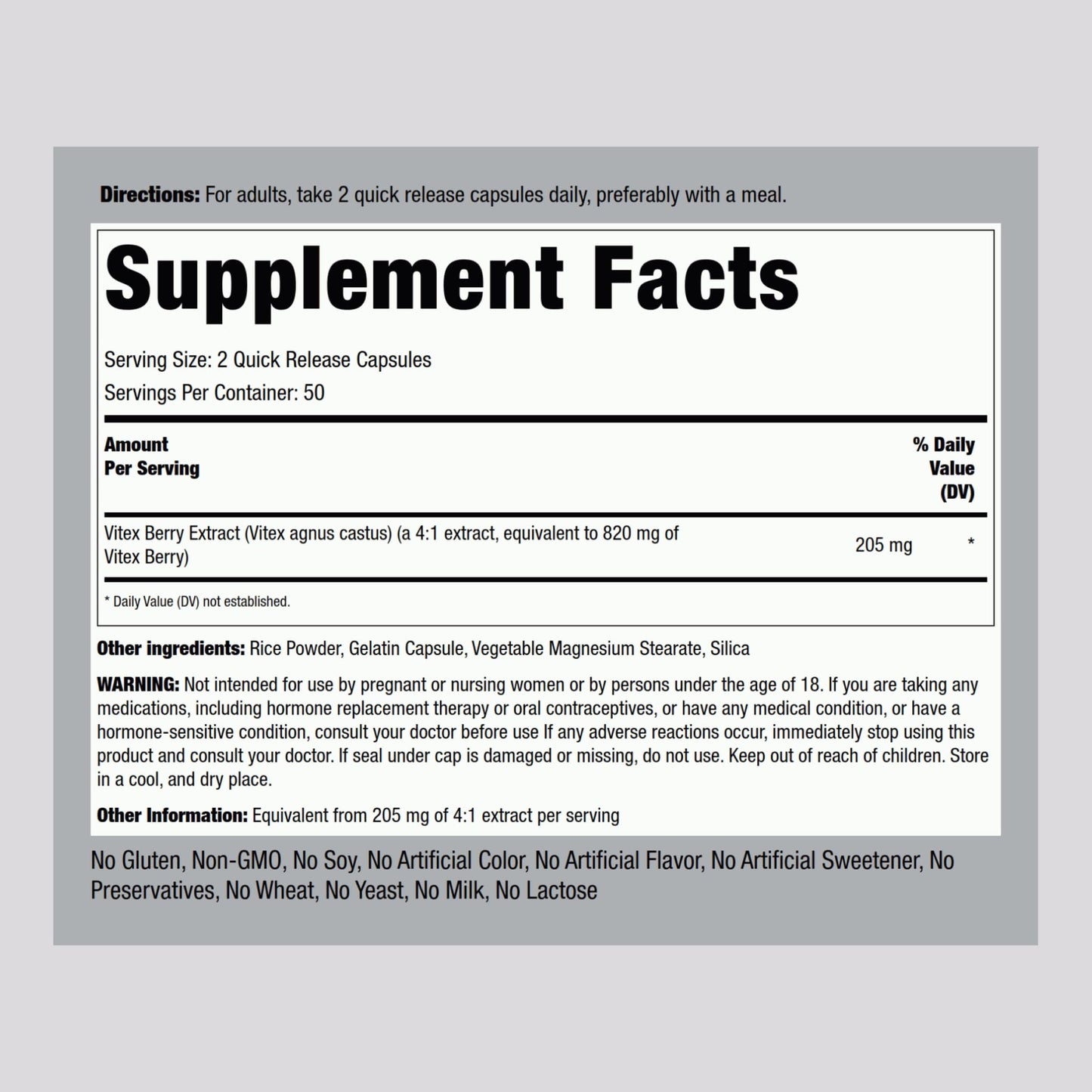 Piping Rock Vitex Chasteberry 820mg | 100 Capsules | Supplement for Women | Fruit Extract | Non-GMO, Gluten Free