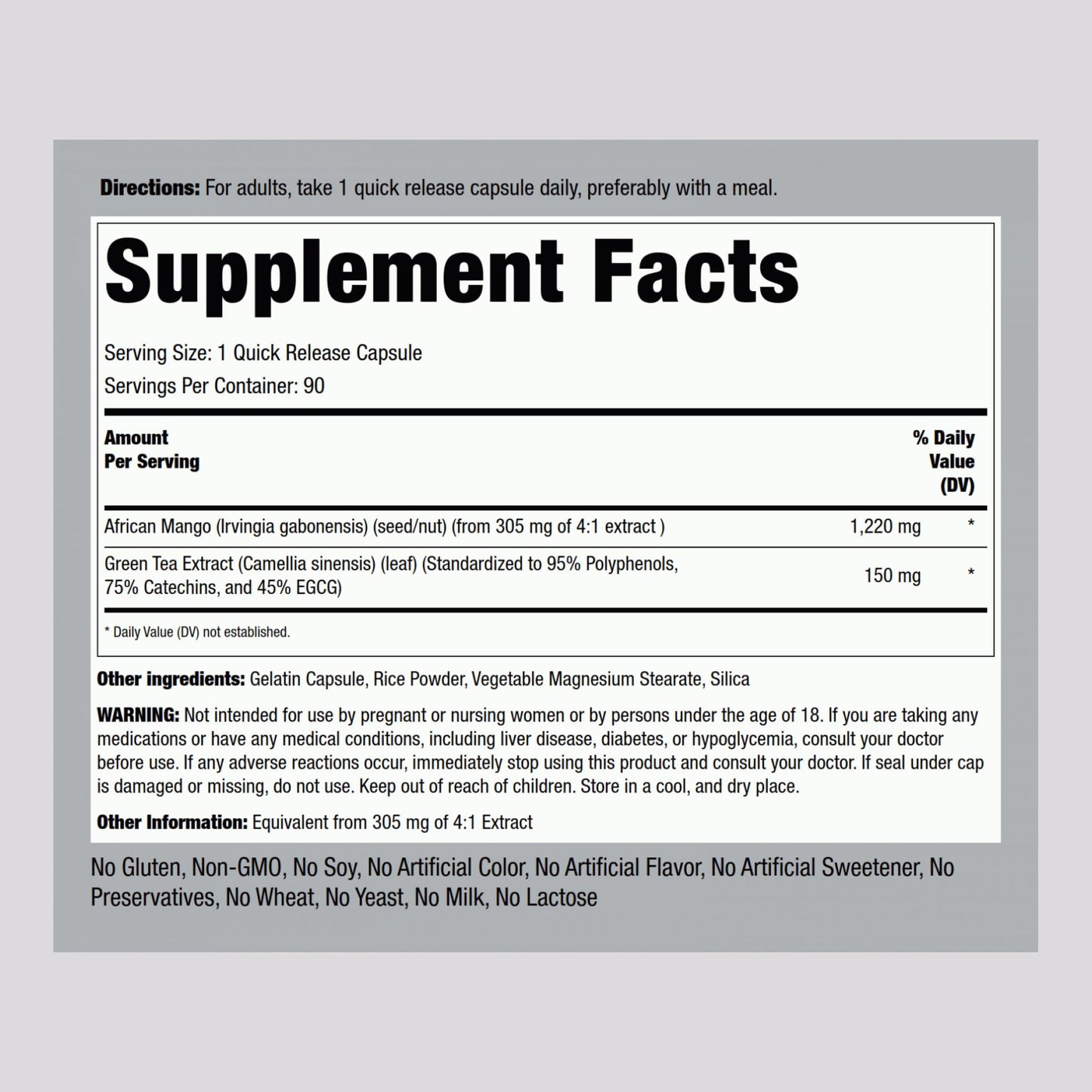 Piping Rock African Mango Seed Extract 1220 mg | 90 Capsules | with Green Tea | Extra Strength Supplement | Non-GMO, Gluten Free