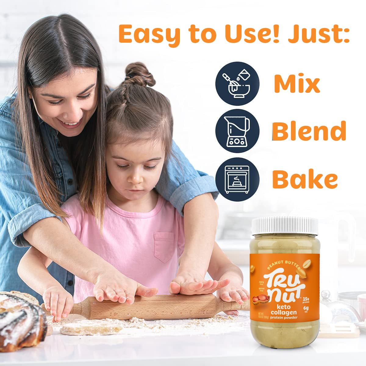 Tru-Nut Keto Collagen Protein Powder (Peanut Butter, 10.6 oz) - Peanut Butter Collagen Protein Powder - Great for Smoothies, Shakes, Keto Diet Meals and Snacks