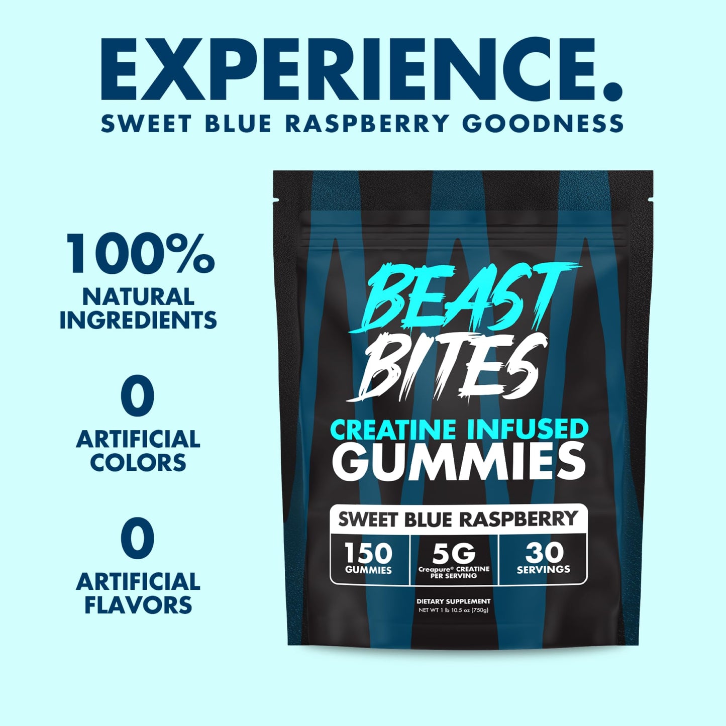BEAST BITES - Creatine Gummies - 5g Creatine Monohydrate Per Serving - Low-Calorie & Vegan - Made in The USA - Blue Raspberry Flavor - 30 Servings