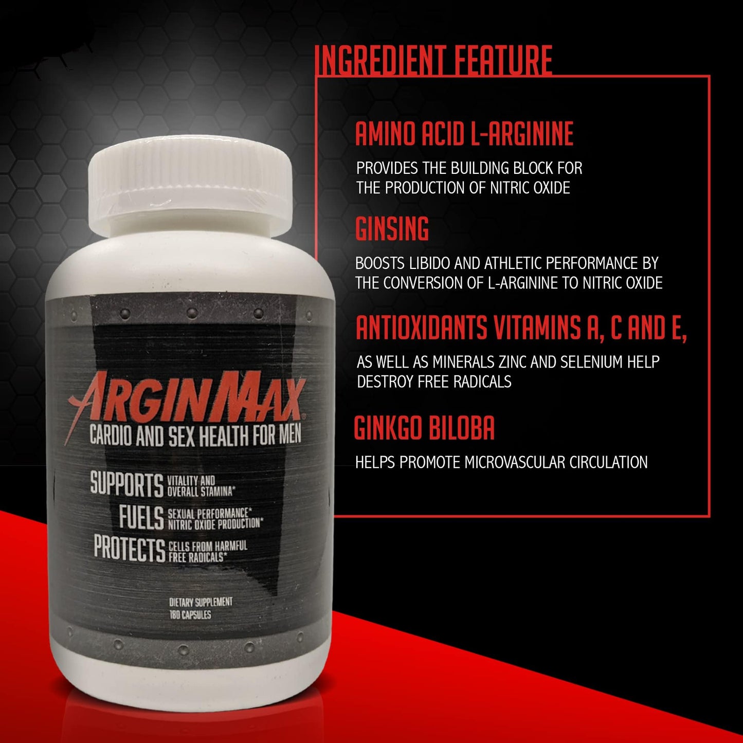 ArginMax L Arginine Nitric Oxide Supplement for Men - Oxygen & Blood Flow Support, Non GMO Nitric Oxide Booster - Larginine Supplements with Ginseng, Nitric Oxide Supplements for Men - 180 Capsules