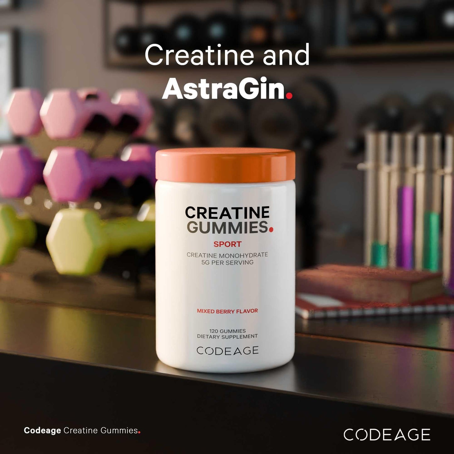 Codeage Creatine Monohydrate Gummies Supplement - 5000mg Creatine - AstraGin Panax & Astralagus - Sport Creatine Gummy - Mixed Berry Flavor - Kettlebell Shape Vitamins - Vegan - Non-GMO - 120 Gummies