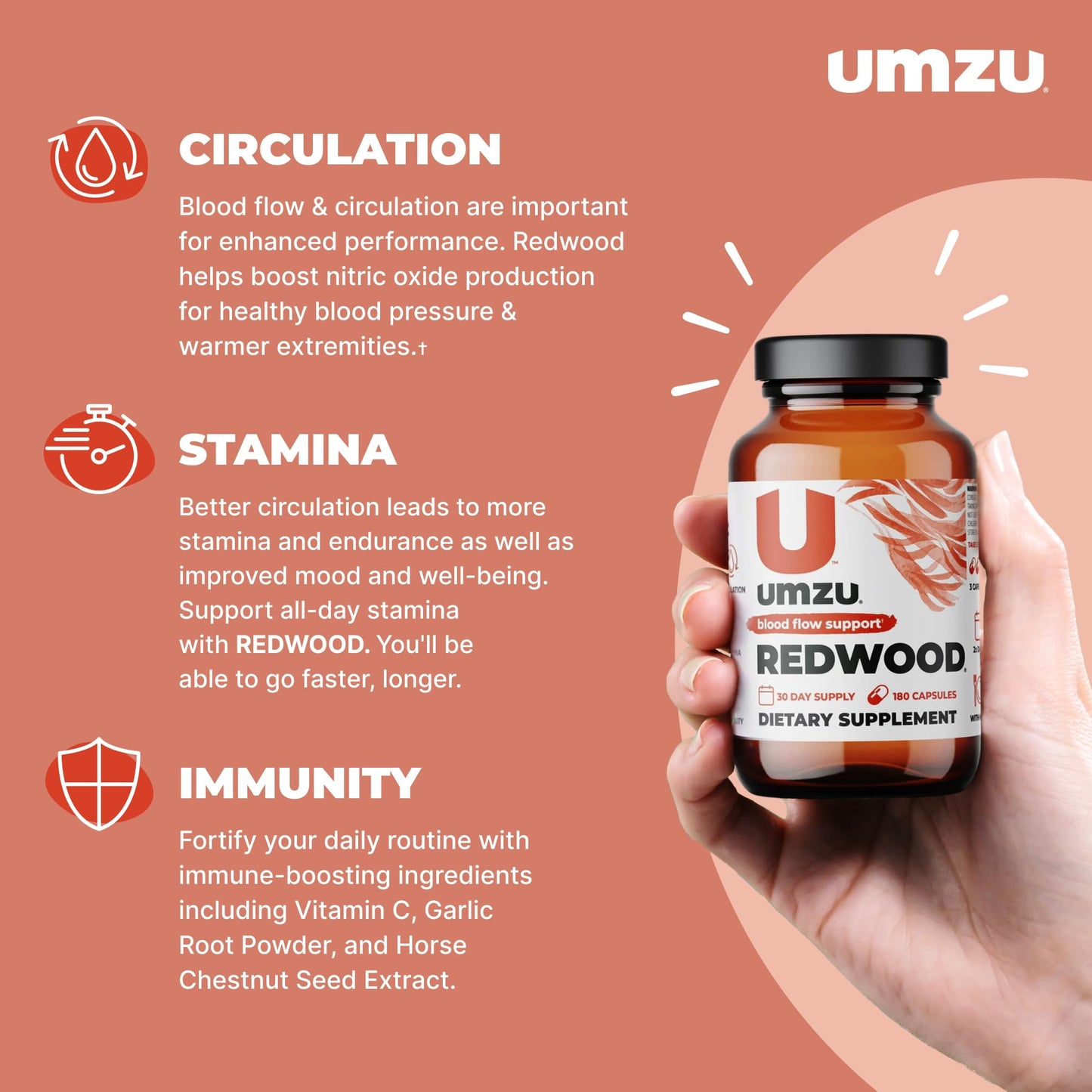 UMZU Redwood Nitric Oxide Booster & Blood Circulation Supplement, 3 Bottles (90 Day Supply | 540 Capsules)