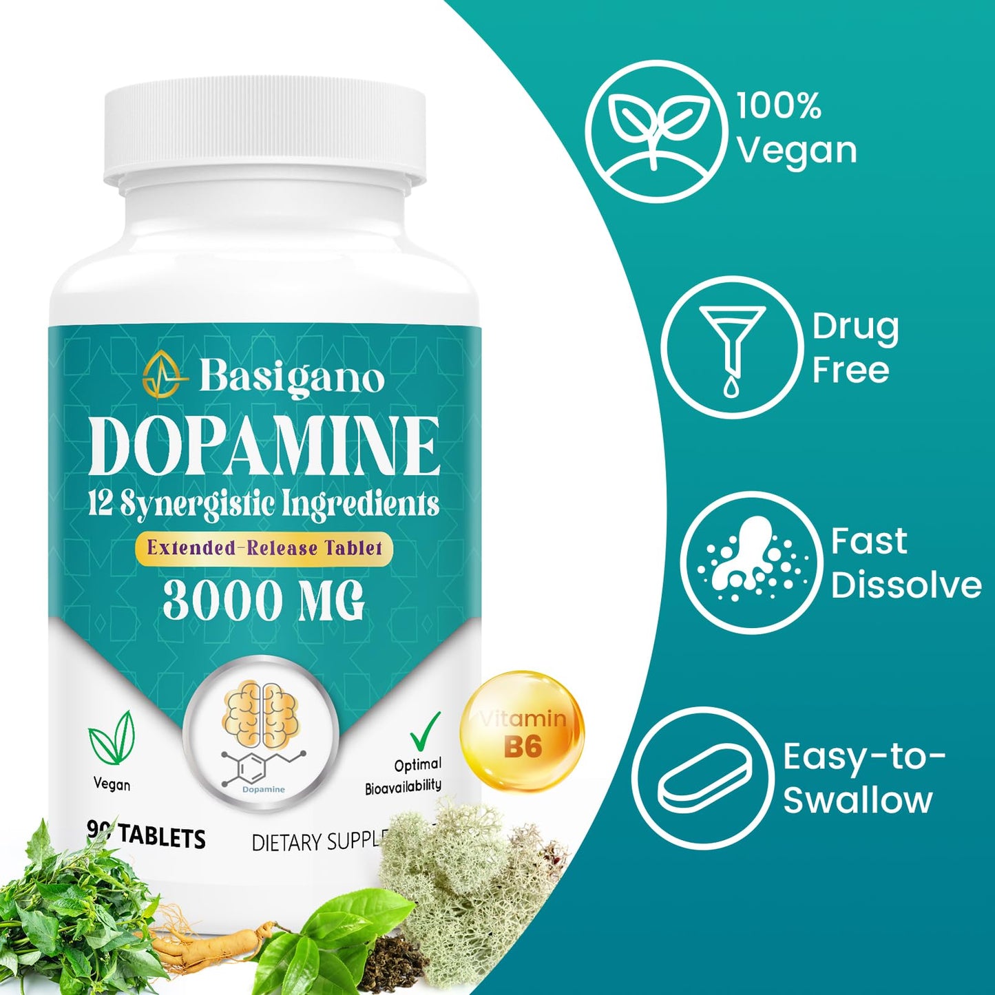 Basigano Natural Dopamine Supplement for Energy, Focus, Motivation, Mental Alertness, Mood, and Stress - Non-GMO, Gluten-Free - 90 Tablets