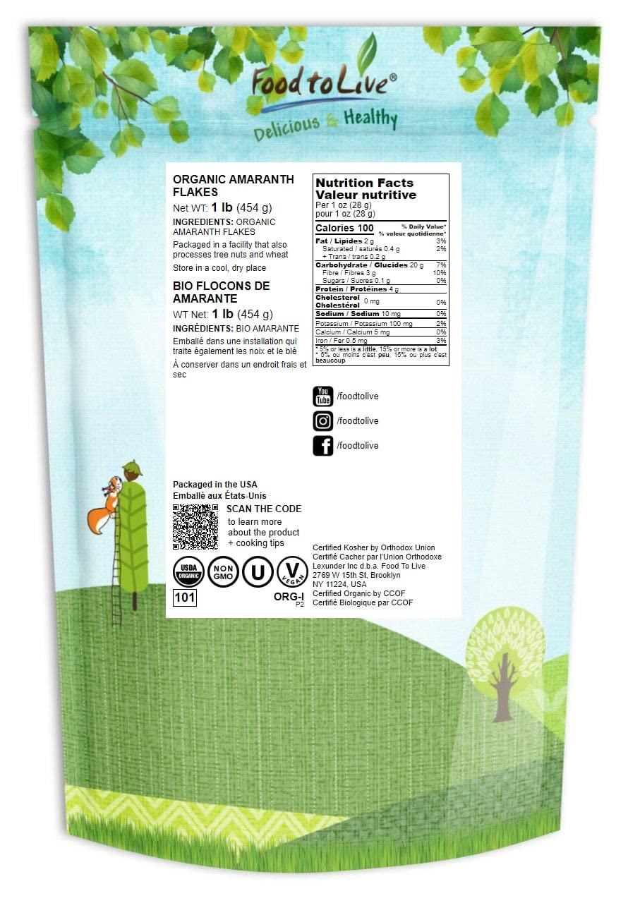 Food to Live Organic Amaranth Flakes 1 Pound NonGMO Pressed Amaranth Seeds Vegan Kosher Bulk High in Dietary Fiber Protein Selenium Great for Cooking Baking Oatmeal Cereals Yogurts