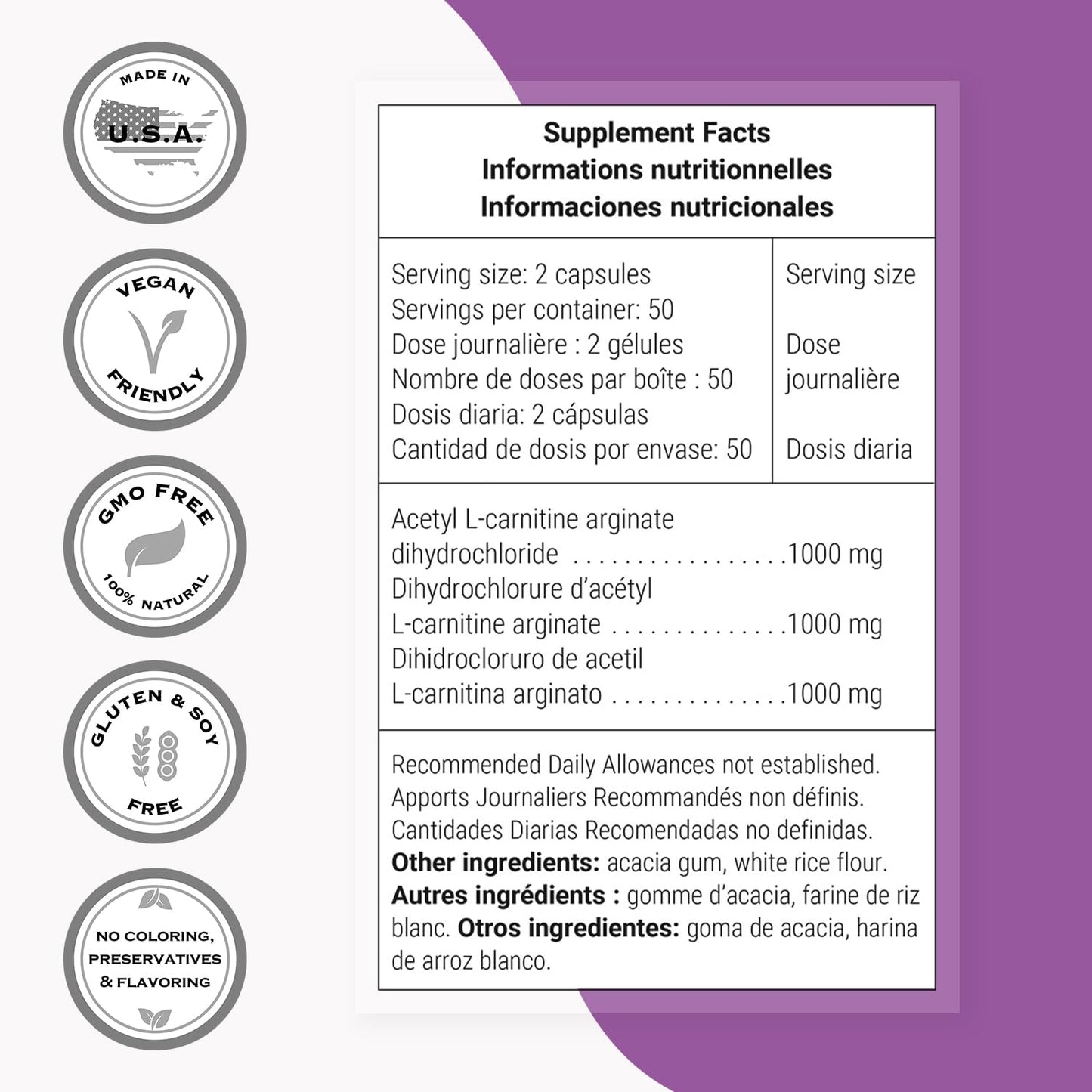Supersmart - Acetyl L Carnitine Arginate 1000 mg Per Day - Amino Acids - Popular Brain Supplement | Non-GMO & Gluten Free - 120 Vegetarian Capsules