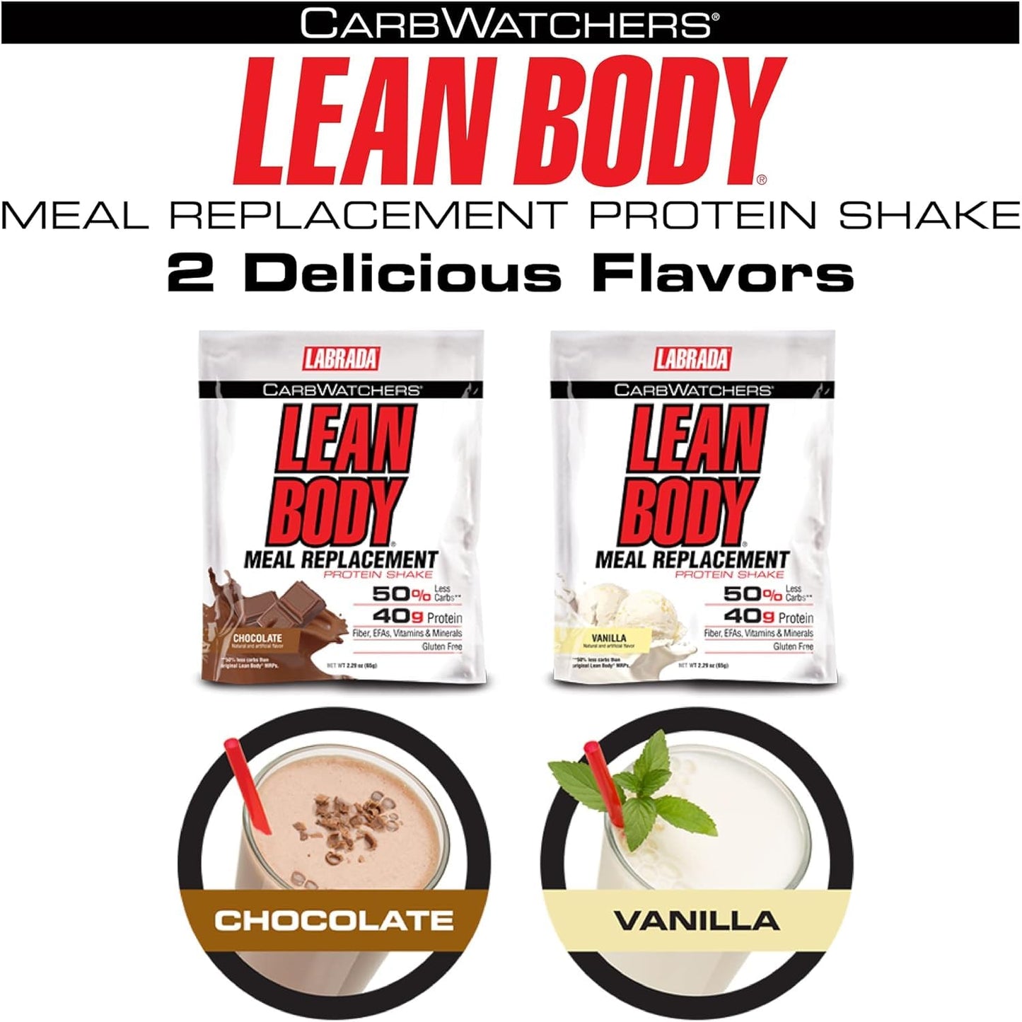 Lean Body Carb Watchers, All-In-One Vanilla Meal Replacement Shake. 40g Protein Whey Blend, 8g Healthy Fats & Fiber, 22 Vitamins and Minerals , No Artificial Colors, Gluten Free,(20 Packets)