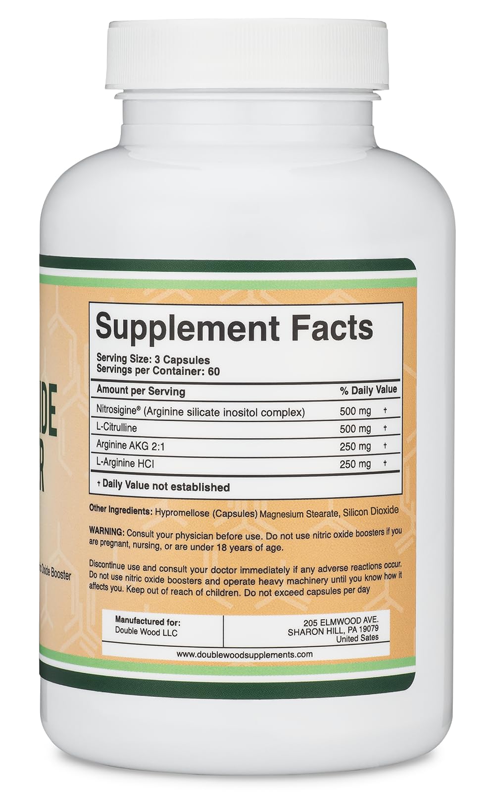 Nitric Oxide Supplement (Stim Free Pre Workout) - Nitric Oxide Booster with Nitrosigine, L Arginine, and L Citrulline (Clinically Studied to Boost No2 Nitric Oxide Flow) 180 Capsules by Double Wood
