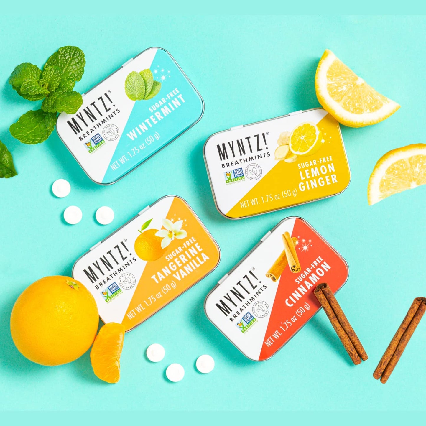 Myntz Sugar Free Mints in a Tin Wintermint 4 Pack Breath Mints for Bad Breath Bulk Mints in a Tin No Sugar No Fat Gluten Free