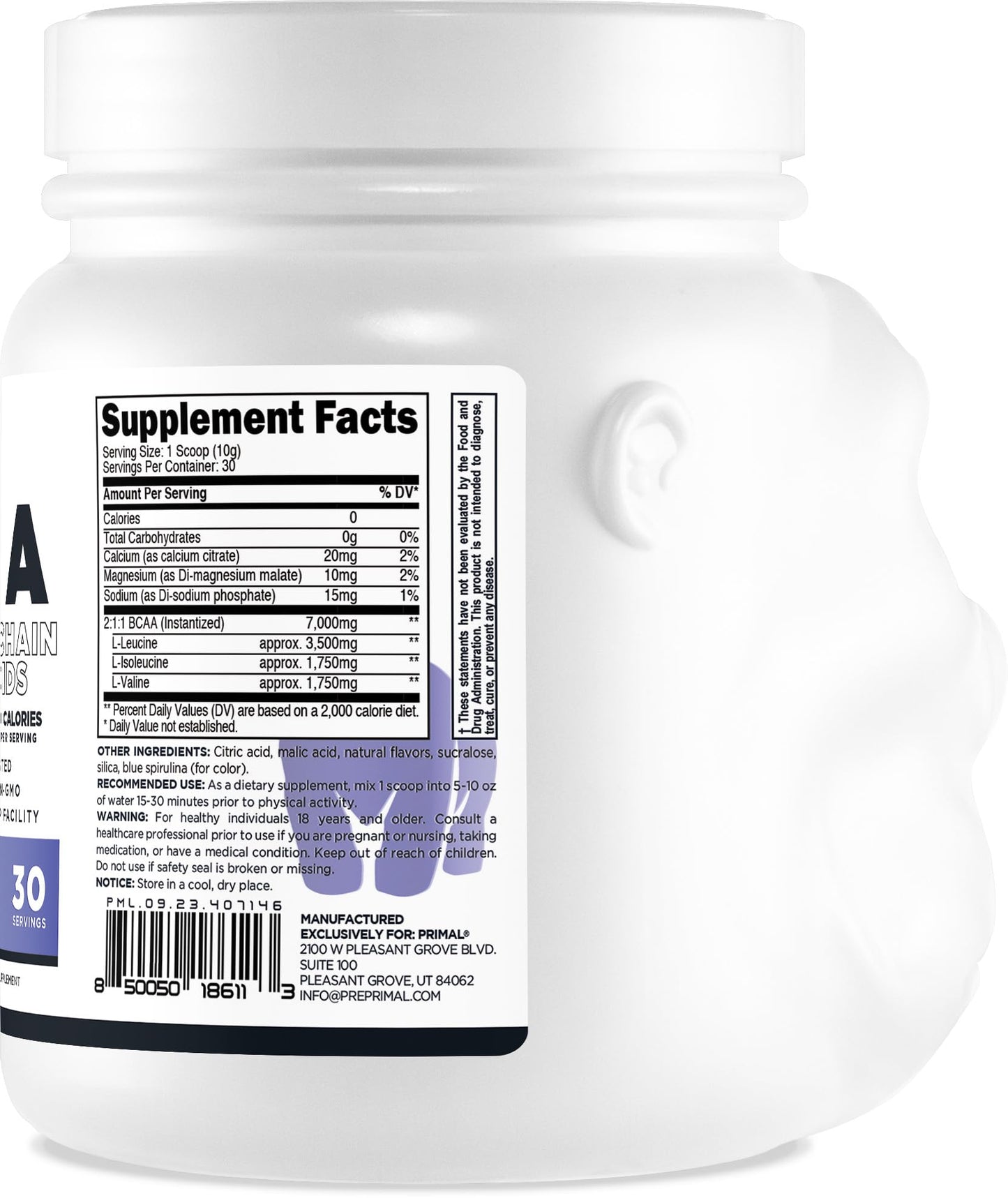 Primal BCAA Powder Blue Raz (30 SERV) (Blue Raspberry Flavored) - 0 g Carbs, 0 Calories, 7g BCAA Per Serving