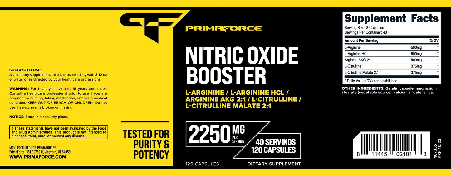 Primaforce Nitric Oxide Booster (2,250mg, 120 Capsules) - 40 Servings of Our Nitric Oxide Boosting Blend for Pre-Workout and Post-Workout