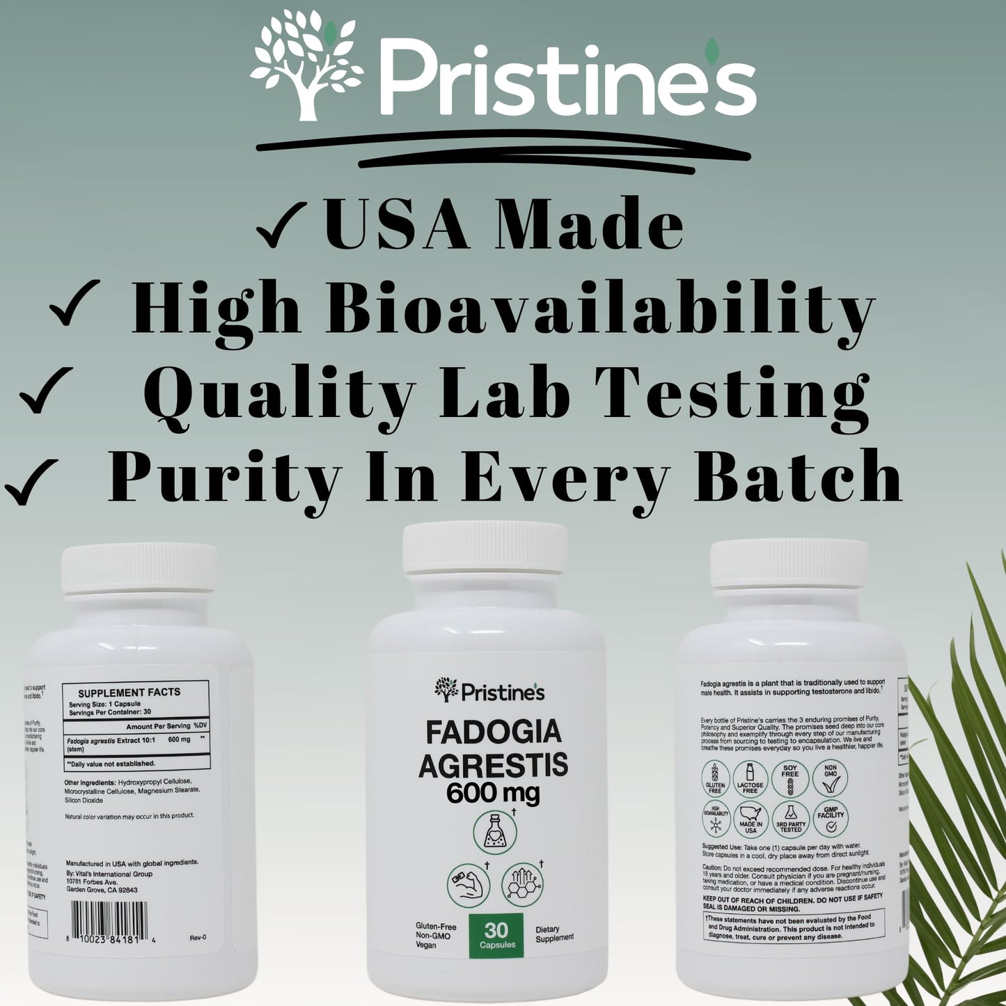PRISTINE'S Fadogia Agrestis 600MG 30-Day Supply Sports Nutrition Testosterone Booster Support Capsules - Muscle Building & Vitality Support Extract Supplement - Gluten Free - Non-GMO