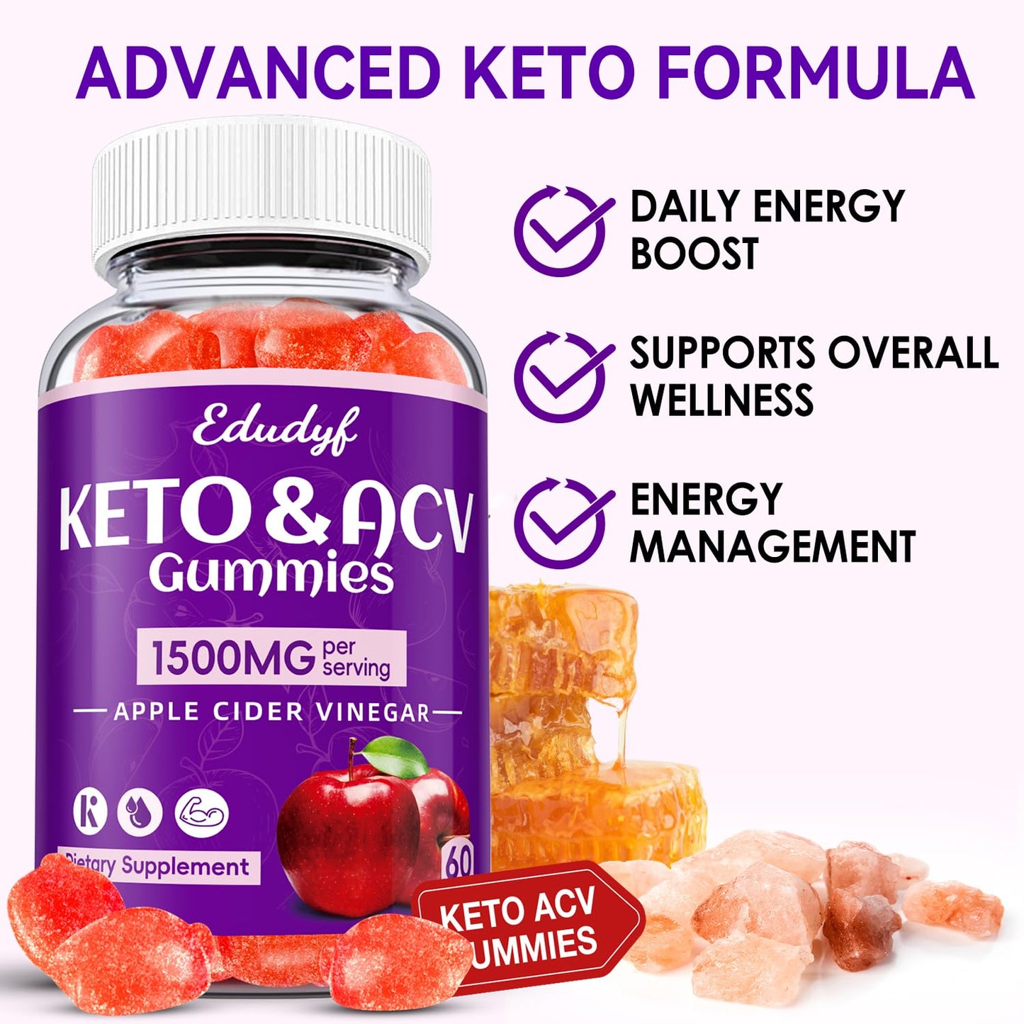EDUDYF Keto ACV Gummies - 1500mg Apple Cider Vinegar Gummies with Probiotics, B12 and Keto Support, Detox & Cleanse, GMO Free & Vegan - 60 Count...